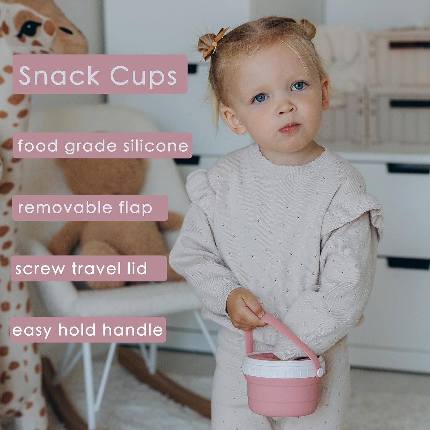No Spill Silicone Toddler Snack Containers, Detachable Silicone Flap for Filling&Cleaning, Crumb-Free Hard Plastic Screw Travel Lid, Ultra-Soft for Baby Kids Hand In-Out, Snack Cup Holder 12 oz