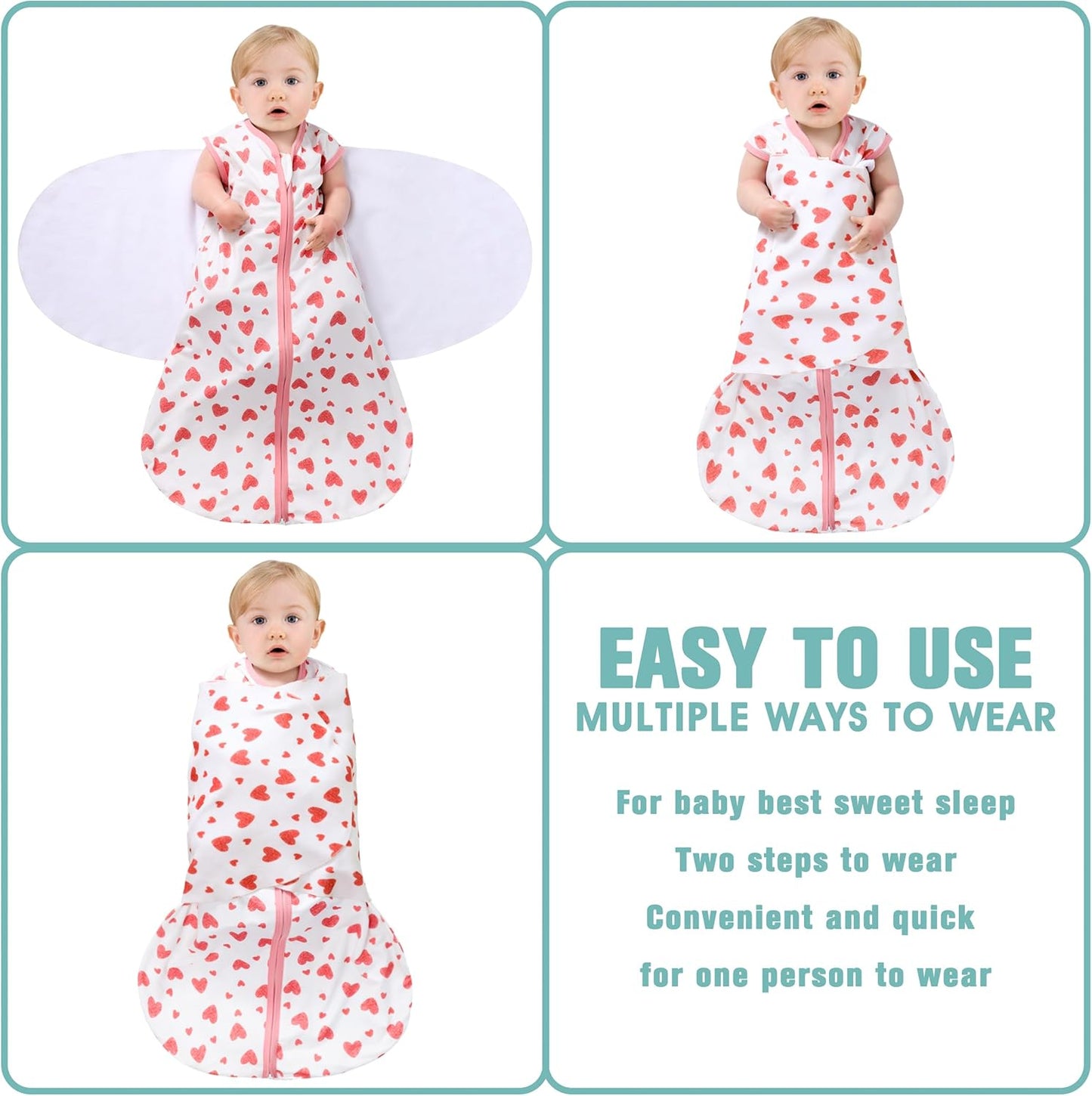 Newborn Sleep Sack Baby Swaddle,Swaddle me 0-3 Month,3-Way Adjustable Wearable Blanket,100% Rayon Cotton Swaddling Sleeping Bag，TOG 0.5 (Love, 0-3 Months)