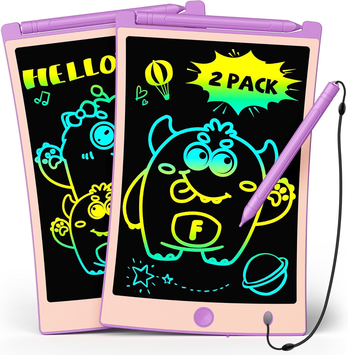 TEKFUN 2 Pack LCD Writing Tablet with Pen Cord, 8.5in Erasable Doodle Board Mess Free Drawing Pad for Kids, Car Trip Educational Toys Birthday for 3 4 5 6 7 Girls Boys (2*Purple)