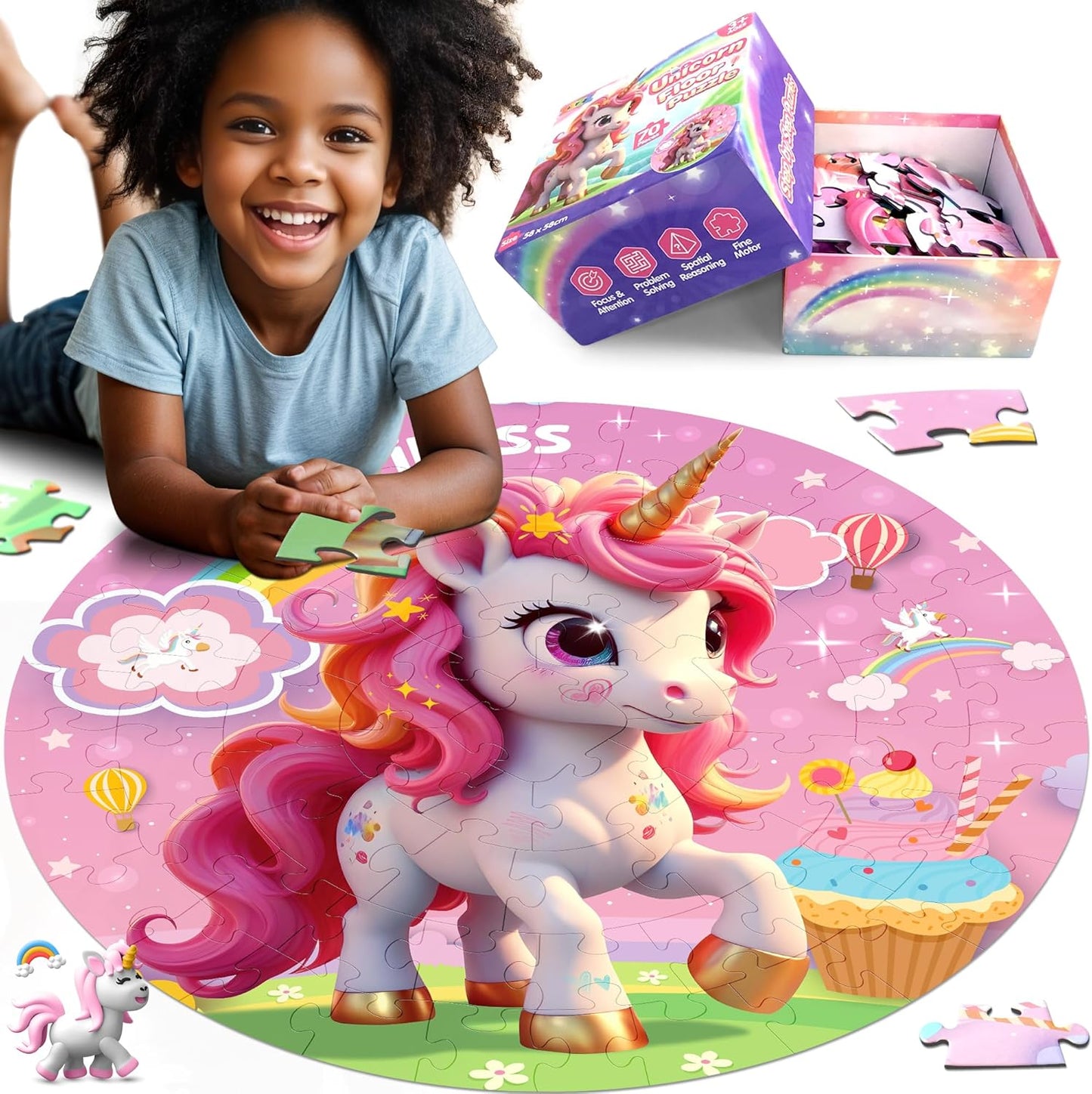 ZIZZ Unicorn Toy for Girls Kids - Best 70 Pieces Unicorn Floor Puzzle for Kids Age 3 4 5 6 7 8 Years Old Girls Learning & Educational Games Toys Toddlers Gifts for Birthday Christmas Party Activity