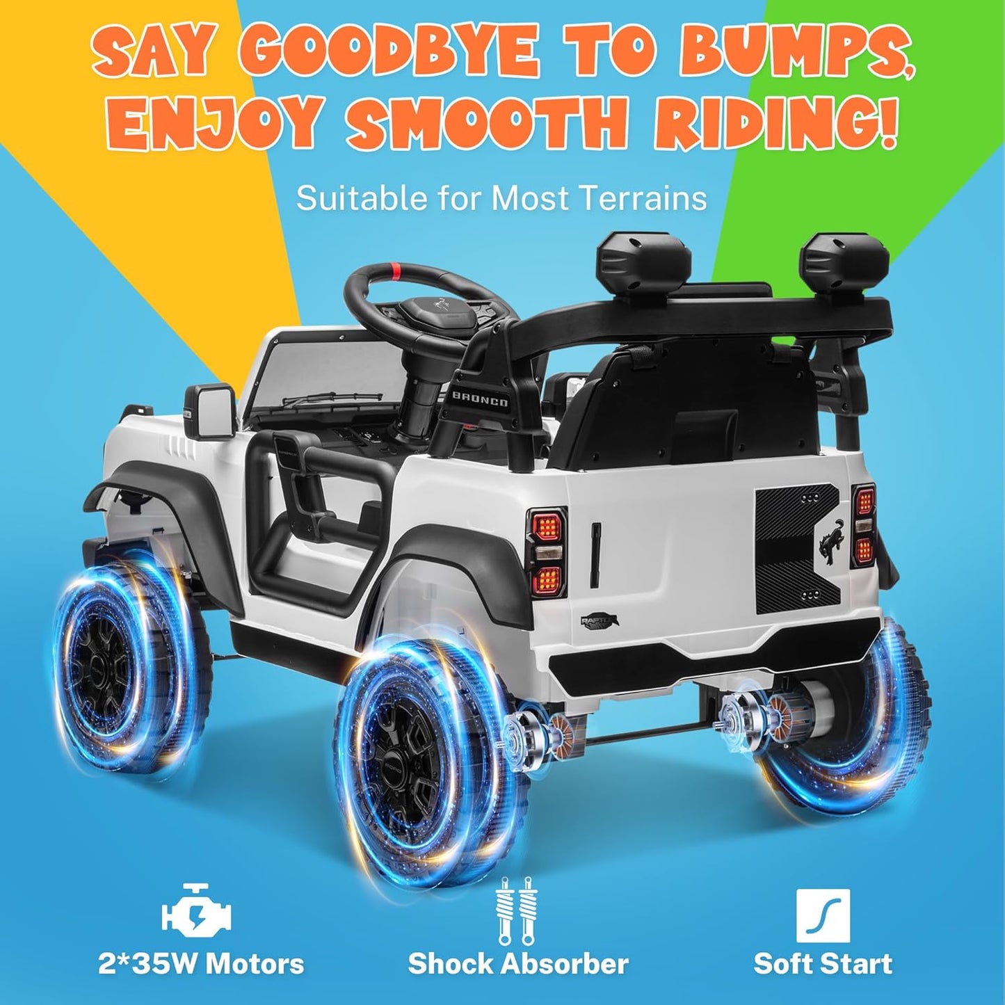 ENYOPRO Licensed Ford Bronco Raptor Electric Car for Kids, 12V Ride On Toys for Toddlers, Christmas Birthday Gifts Ride On Car for Kids Age 3-6 w/Remote Control, Bluetooth, LED Lights, 2 Speed (White)