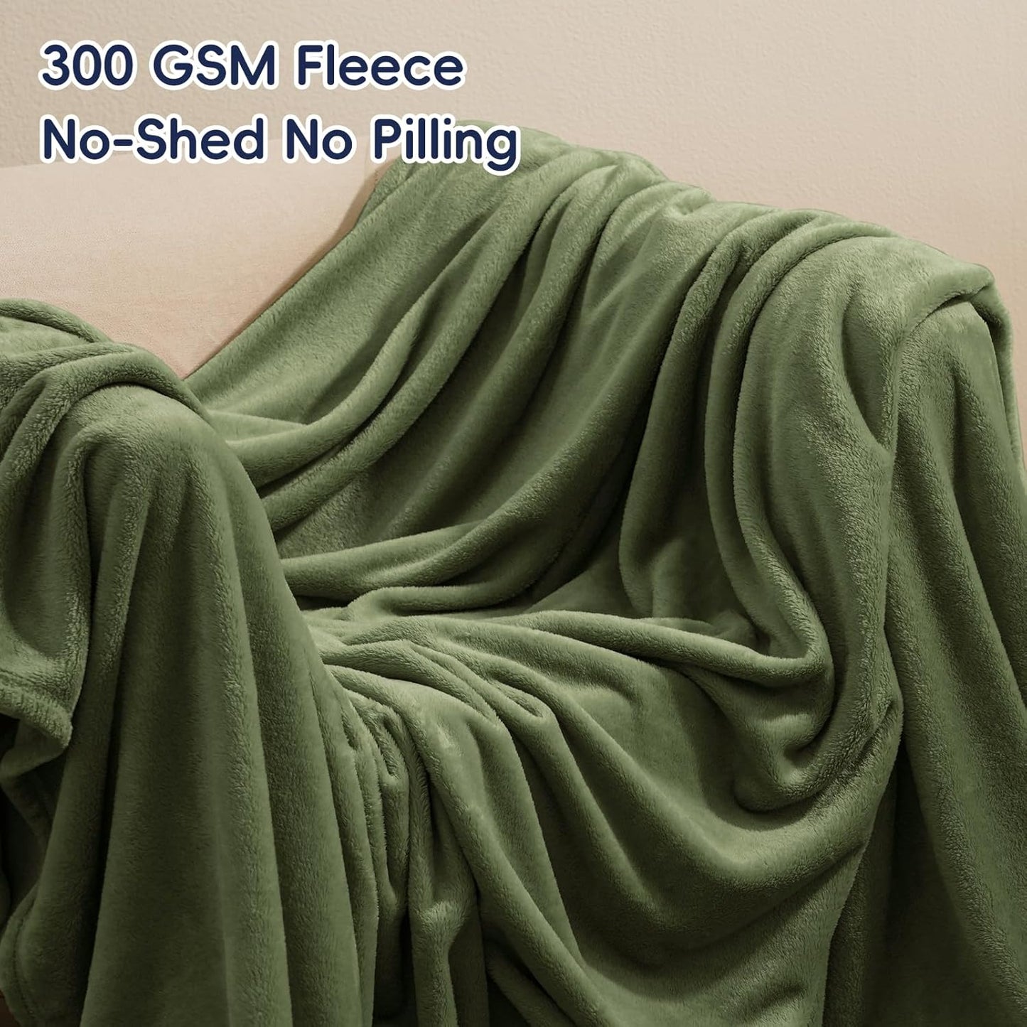 PHF Ultra Soft Fleece Blanket Queen Size, No Shed No Pilling Luxury Plush Cozy 300GSM Lightweight Blanket for Bed, Couch, Chair, Sofa Suitable for All Season, 90" x 90", Olive Green
