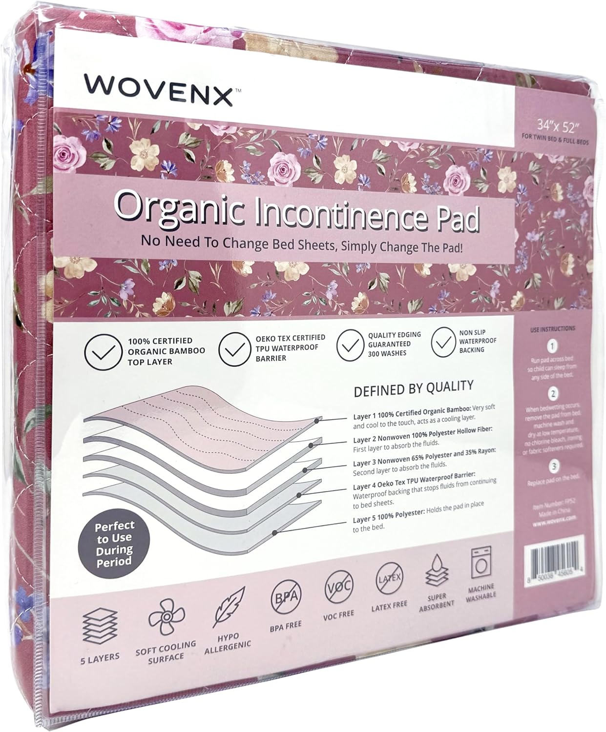 Organic Incontinence Pad for Period - Waterproof Protectors - Reusable Washable Pee Pad - Fits Twin to Full Size Beds - 100% Organic Viscose Derived from Bamboo - 34" x 52" Dark Flower