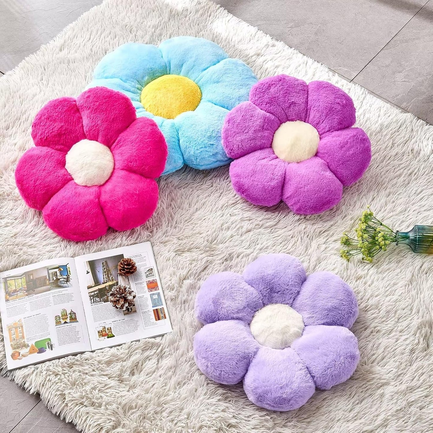 Purple Flower Pillow, 17.7" Flower Shaped Plush Decorative Throw Pillow for Bed