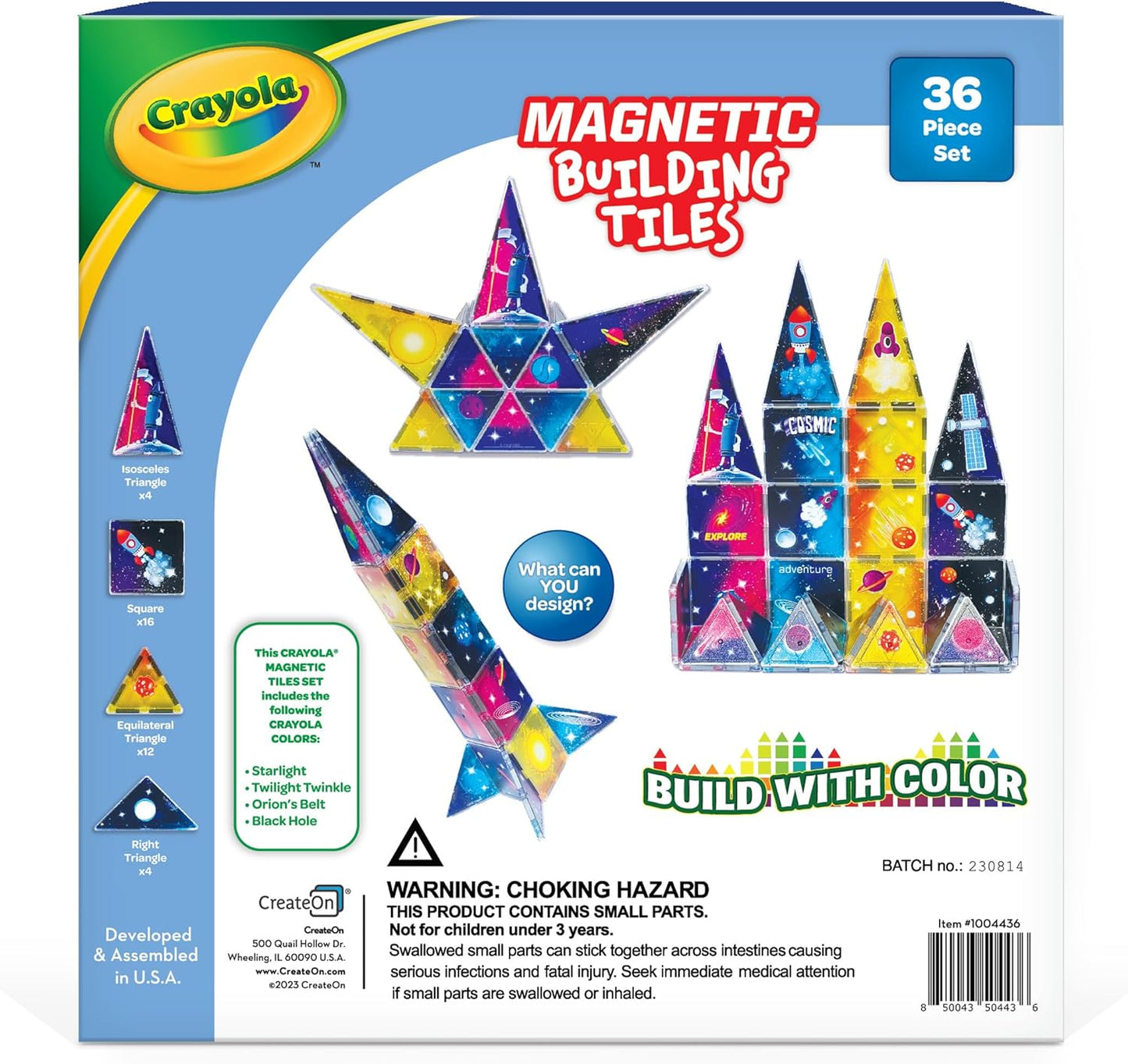 CreateOn Crayola Cosmic Magnetic Tiles, Building Set for Kids, Magnetic Building Toys for Kids, STEM Learning Toys for Boys and Girls Ages 3 and Up - 36-Pieces (Cosmic)