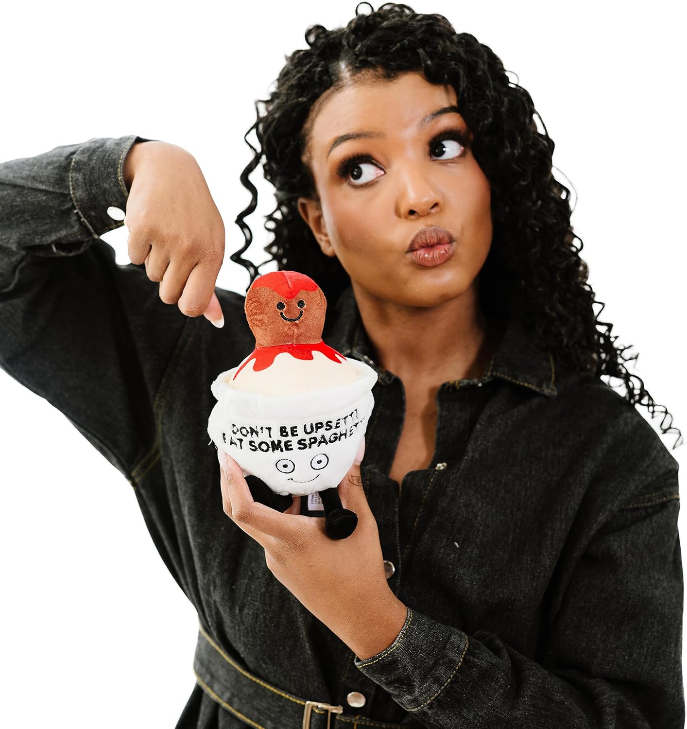 Spaghetti Foodie Plushie, Funny Pun Meme Gag Gift, White Elephant, Stocking Stuffer Present, Great for Emotional Support, Fun Desk Accessory, Weighted Base for Display