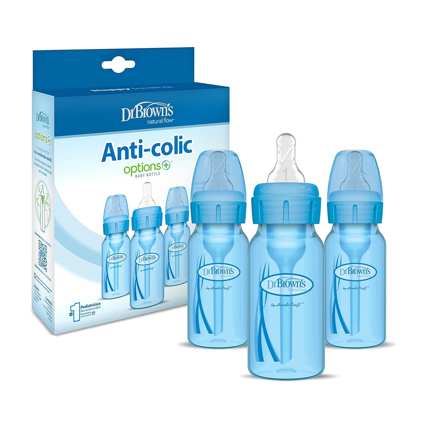 Dr. Brown’s Natural Flow® Anti-Colic Options+™ Narrow Baby Bottles 4 oz/120 mL, with Level 1 Slow Flow Nipple, 3 Pack, 0m+ Blue