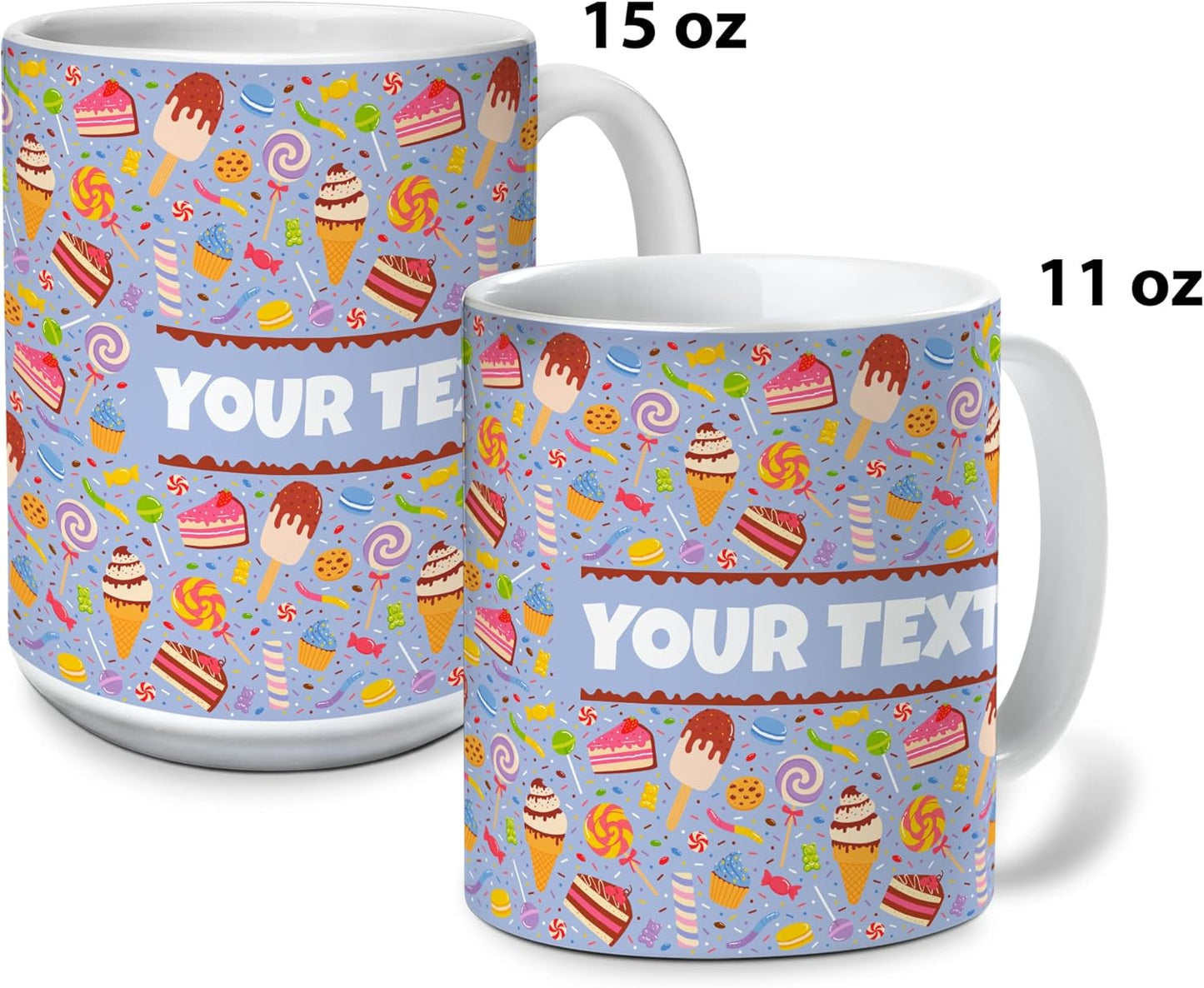 Personalized Mug for Kids - Sweets - Custom Name/Text, Ceramic Hot Chocolate/Cocoa/Coffee Cup for Boys/Girls, Birthday/Christmas/Holiday Gift - 15 oz, Pink Handle