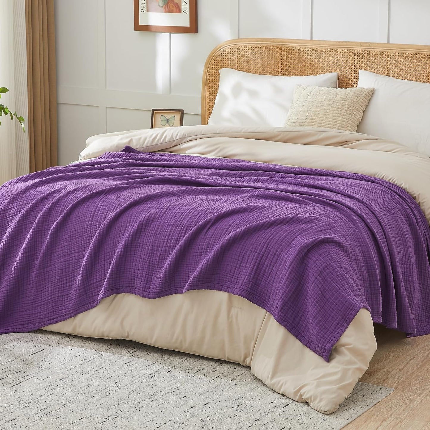 EMME Cotton Muslin Large Throw Blanket Couch Breathable Gauze Blanket Soft Lightweight Bed Blankets Adults (Purple, 50"x70")