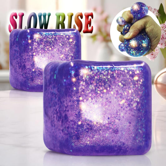 2Pack Glitter Squishy Cube - Slow Rise Nice Sugar Stress Cube Gel Stress Balls for Adults, Glitter Squishy Balls for Kids, Stress Relief/Classroom Fidget/Treasure Box Prizes(Purple)