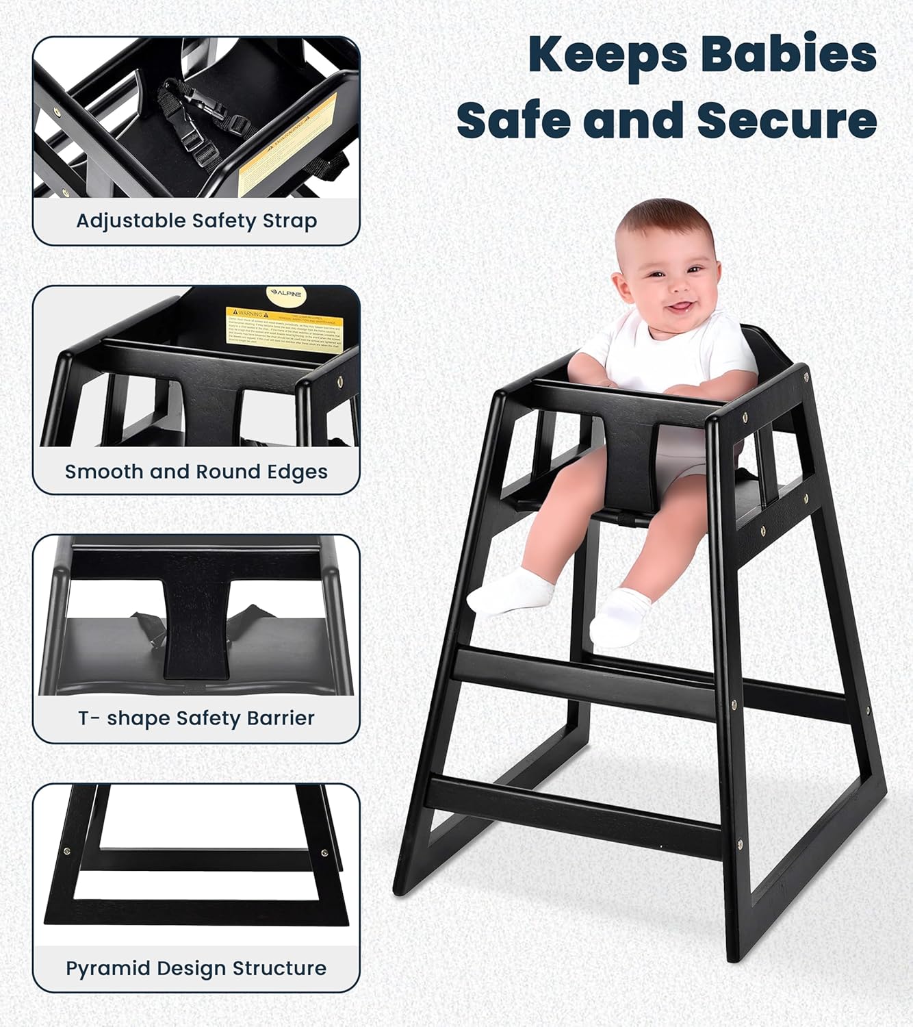 Alpine Wooden High Chairs for Babies and Toddlers with Safety Strap, Commercial Grade Restaurant High Chair, Durable Wood Space Saver Baby Feeding Chair, Ideal for Dining Spaces (2 Pack, Black)
