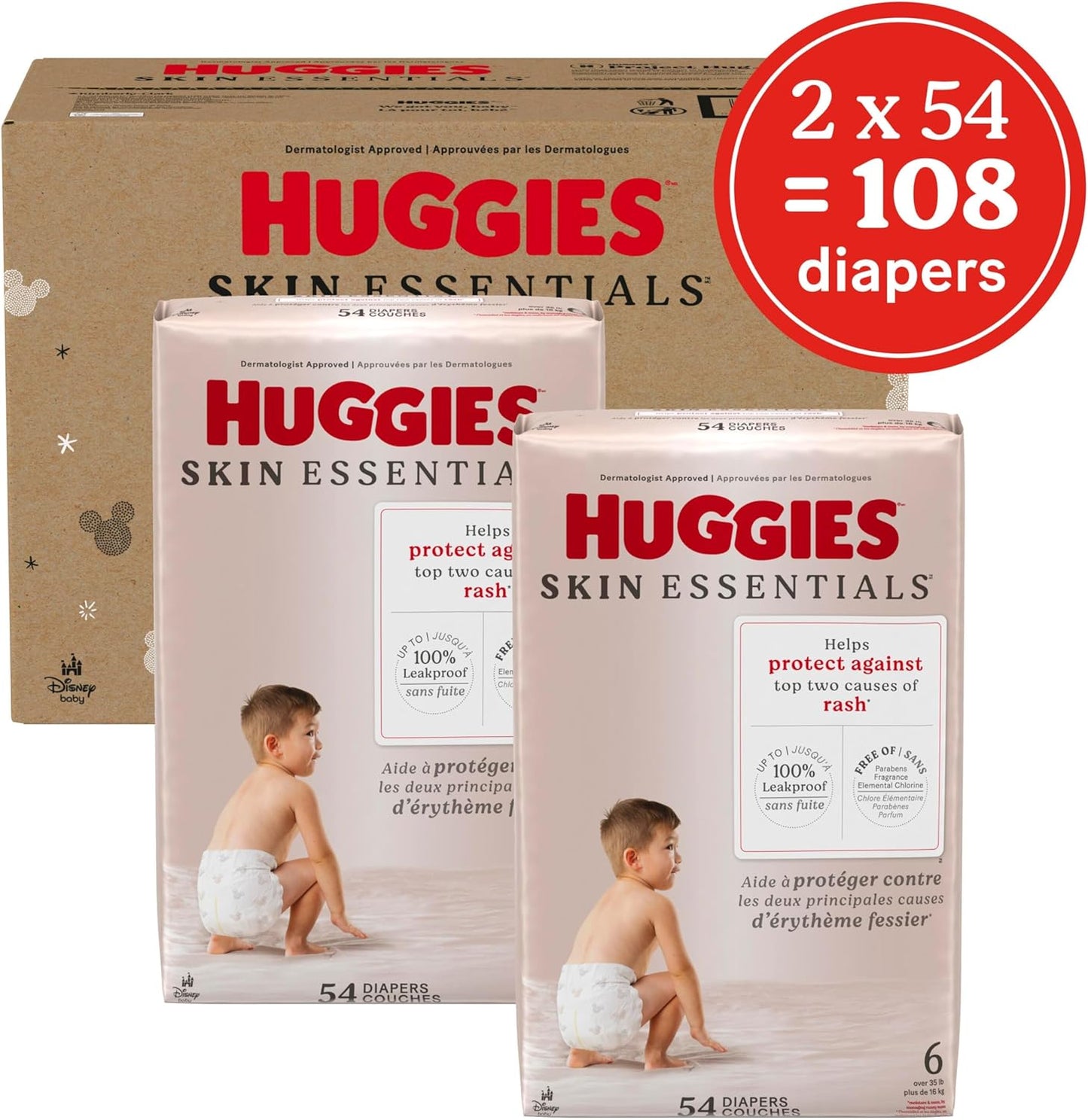 Huggies Size 6 Diapers, Skin Essentials Baby Diapers, Size 6 (35+ lbs), 108 Count (2 Packs of 54), Packaging May Vary