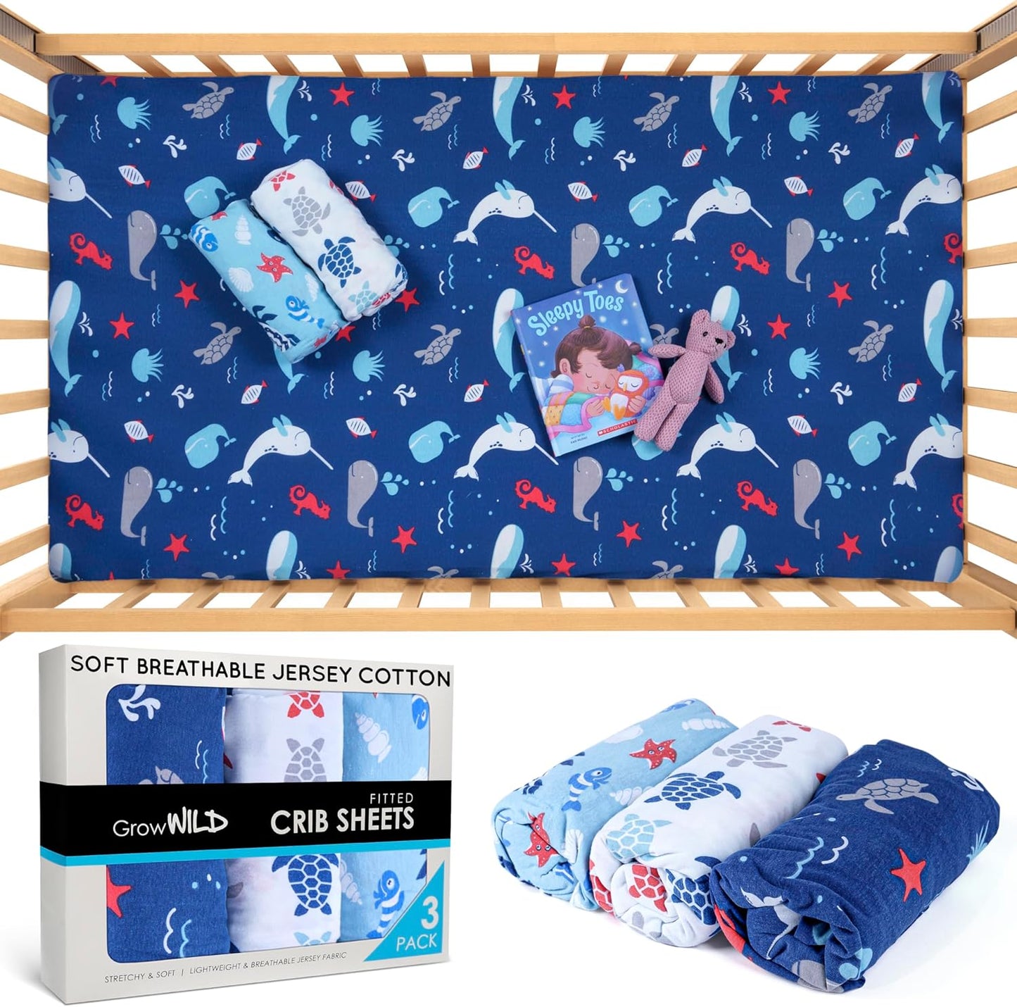 GROW WILD Blue Ocean Baby Crib Sheets for Boys (3 Pack) - Jersey Knit Fitted Sheet (52" x 28"), Toddler Bedding Set & Baby Boy Crib Bedding Set, Turtles and Sea Animals Theme