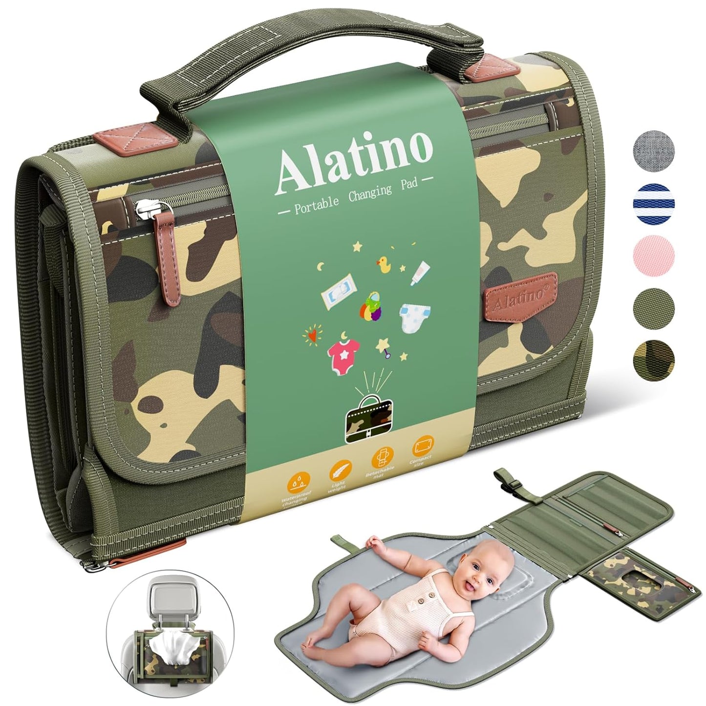 Portable Diaper Changing Pad for Baby, Detachable Travel Changing Pad with Baby Wipes Pocket, Gifts for Baby Shower, Newborn Girls and Boys (Green Camo)