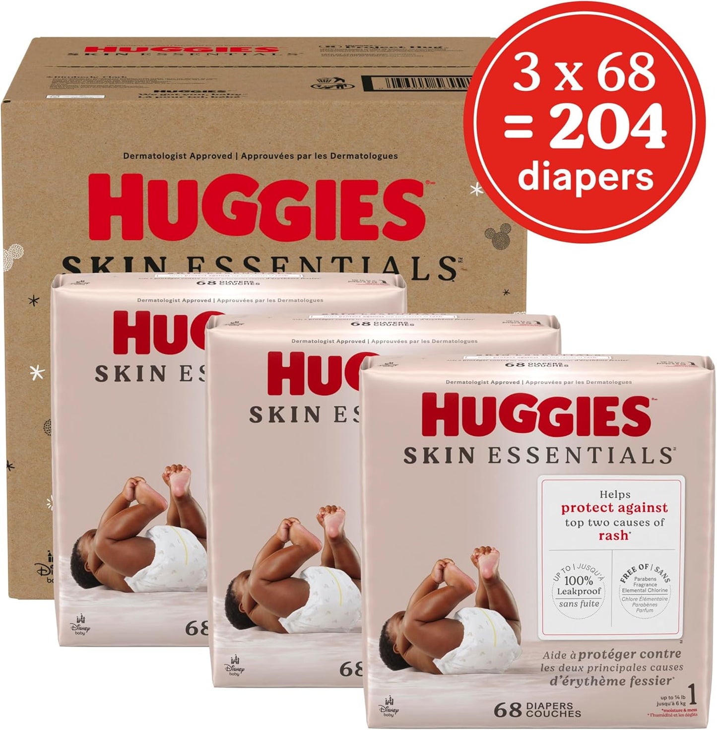Huggies Size 1 Diapers, Skin Essentials Baby Diapers, Size 1 (8-14 lbs), 204 Count (3 Packs of 68), Packaging May Vary