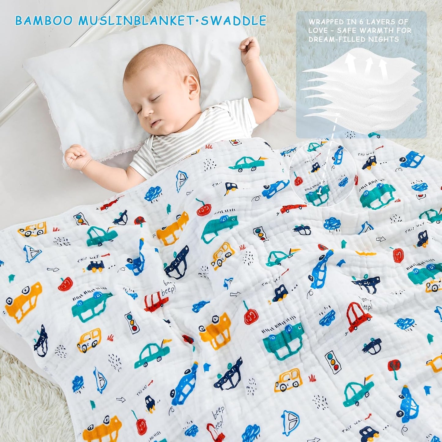 Luxury Muslin Baby Blanket, Cozy Swaddle, 6-Layer Cotton Receiving Blanket for Newborn Infant, 43x43 Inch Lightweight Breathable Crib Blanket, Nursery Stroller Toddler Quilt, Car Family