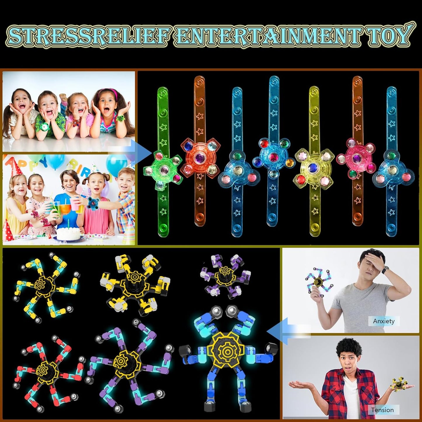 24 Pack LED Light Up Fidget Spinner Bracelets and DIY Deformable Robot Fidget Spinners,Stress Relief Toy for Kids Adults,Party Supplies,Treasure Box Toys for Classroom, Birthday Gifts