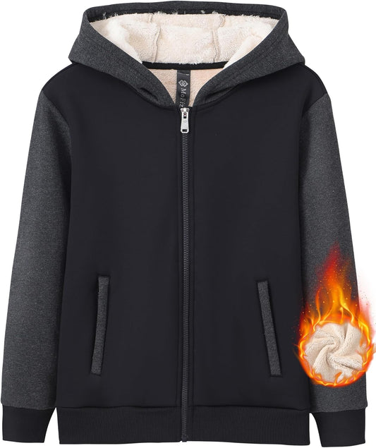 MoFiz Kids Fleece Jackets Sherpa Lined Hoodie Jacket Hooded Zip up Sweatshirt Coats for Boys Girls Winter Casual Outerwear
