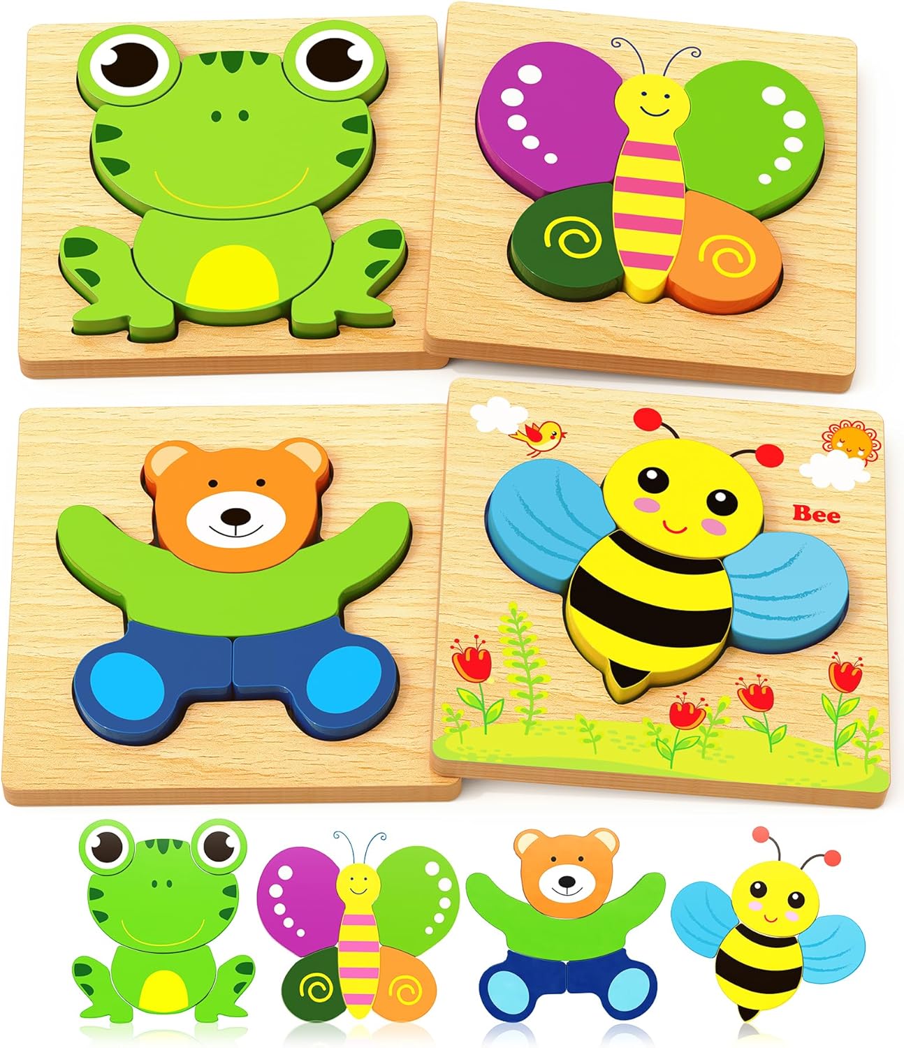 Bekayshad Wooden Puzzles Toddler Toys Gifts for 1 2 3 Year Old Boys Girls, 4 Pack Animal Jigsaw Puzzles Montessori Toys, Learning Educational Christmas Birthday Gifts for Girls Boys Ages 1-3