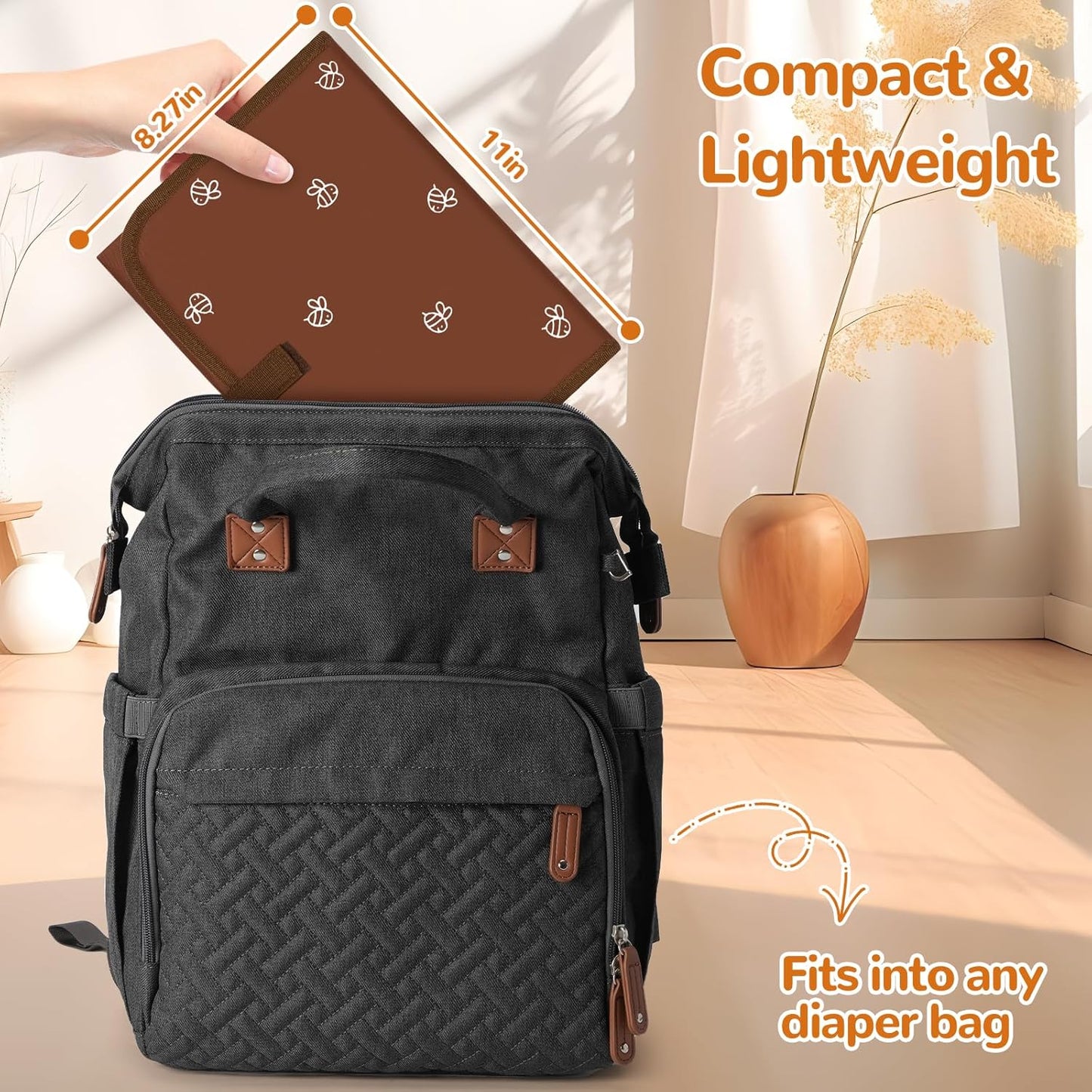 Portable Diaper Changing Pad, Waterproof Baby Changing Mat, Foldable Travel Baby Changing Station, Newborn Essential Baby Shower Registry Gift (Brown-Bee)