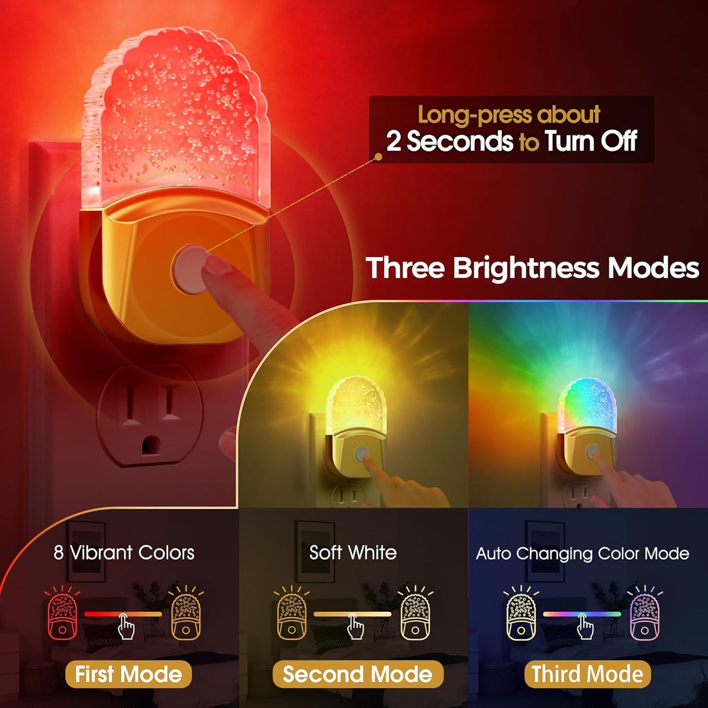 Night Lights Plug into Wall, 2 Pack, Night Light Color Changing, LED Acrylic 8 Colors RGB, Gold Cover Nightlight for Kids,Bathroom, Dusk to Dawn Sensor, Warm White 3000K for Bedroom, Hallway