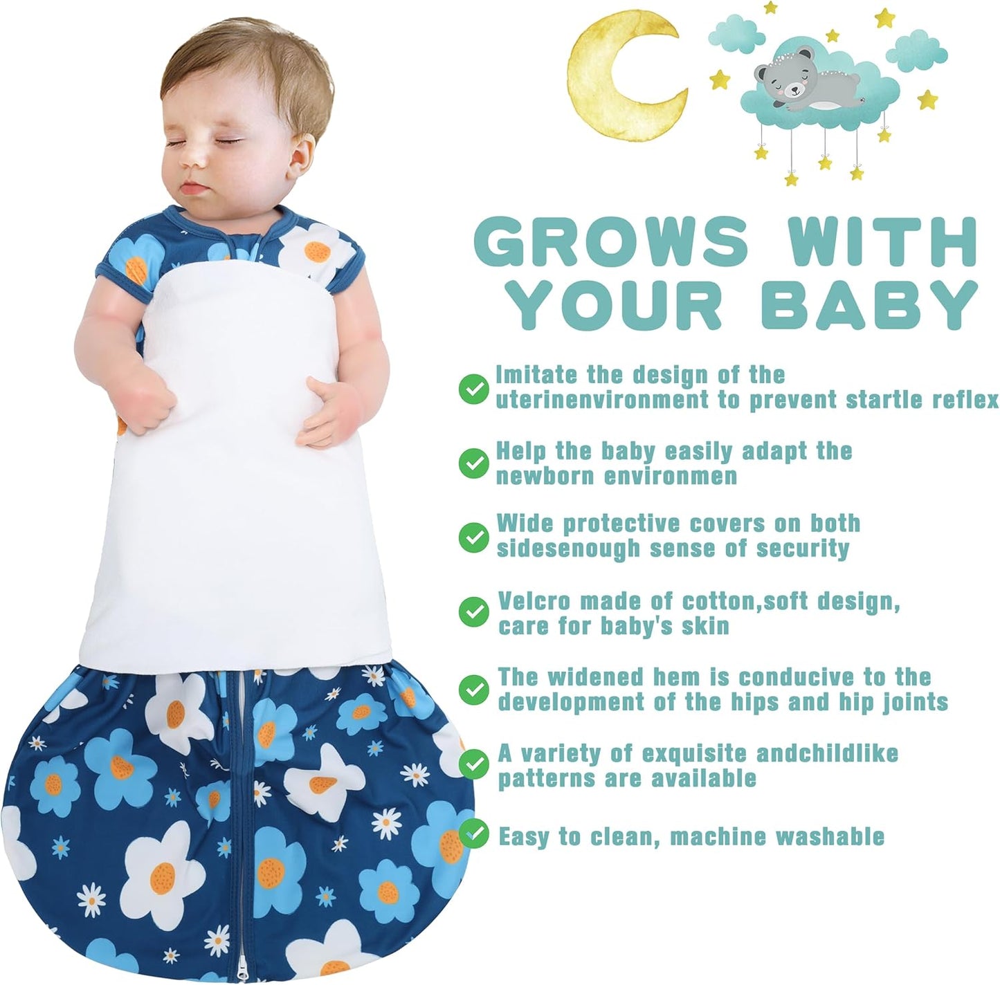 Newborn Sleep Sack Baby Swaddle,3-Way Adjustable Wearable Blanket,100% Rayon Cotton Swaddling Sleeping Bag，TOG 0.5 (Gerbera & Tulips, 0-3 Months)