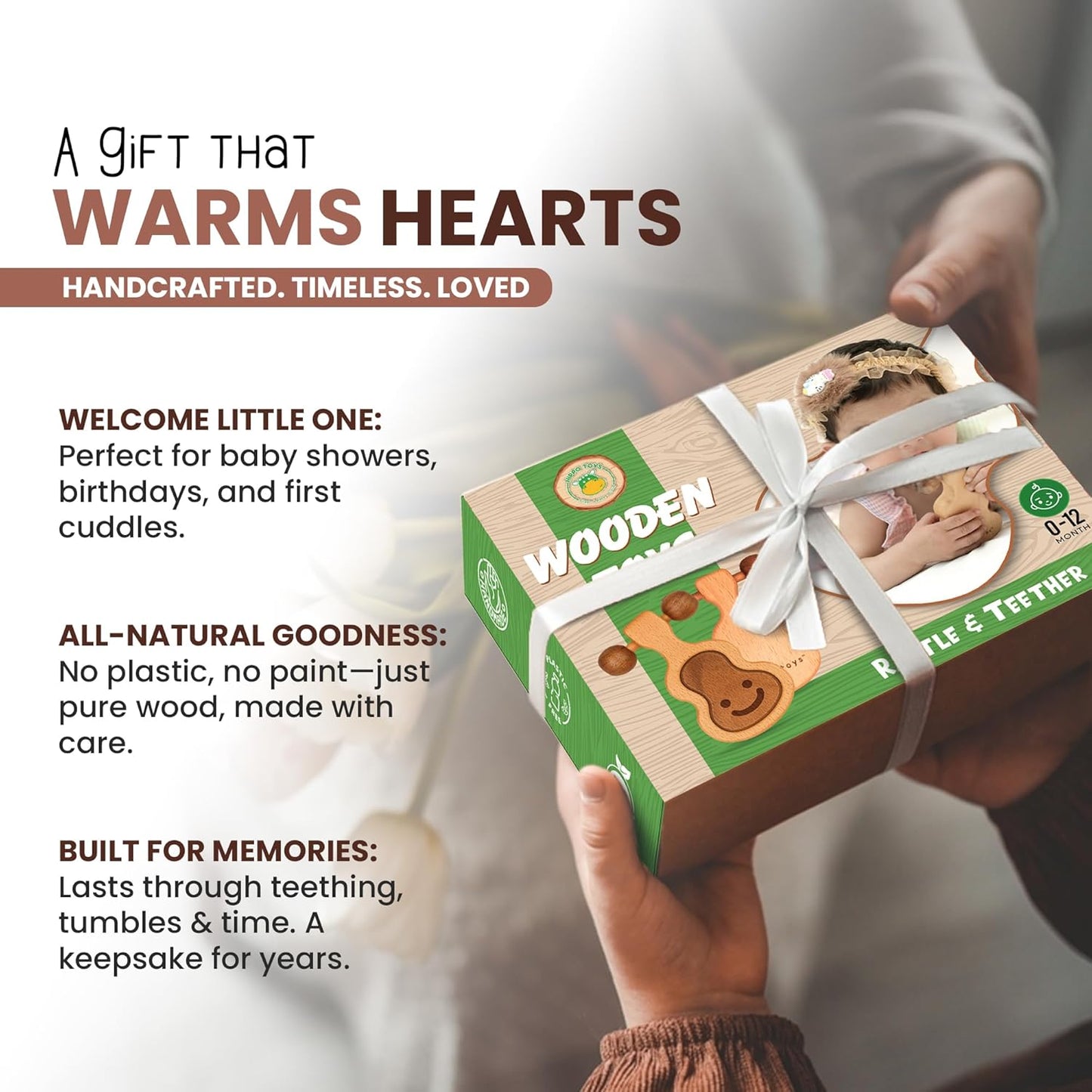 Wooden Teething Toys for Baby 0-6 Months – Organic Natural Non-Toxic Handmade Teether with Beads & Rattle for Soothing Relief – Montessori Sensory Toy for Babies, Infant Boy & Girl