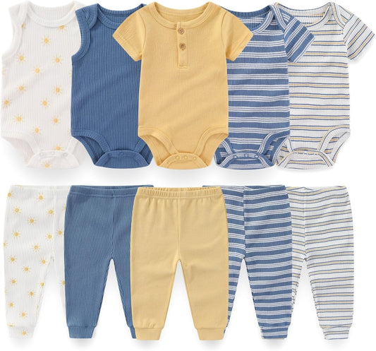 Baby Boy Girl 10 Piece Combined Type Clothing Set Cotton Baby Bodysuits and Pants Set Home Outdoor Infant Clothes