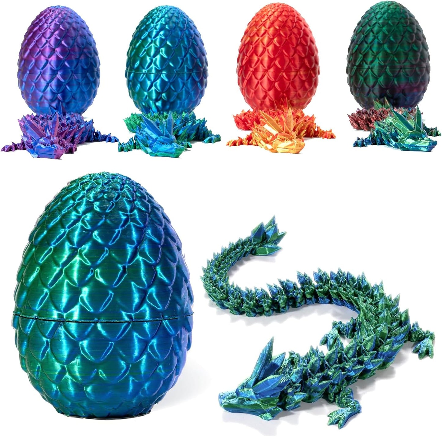 3D Printed Dragon in Egg, Full Articulated Dragon Crystal Dragon with Dragon Egg, Home Office Decor Executive Desk Toys, Adults Fidget Toys for Autism/ADHD (Laser Green, 12")