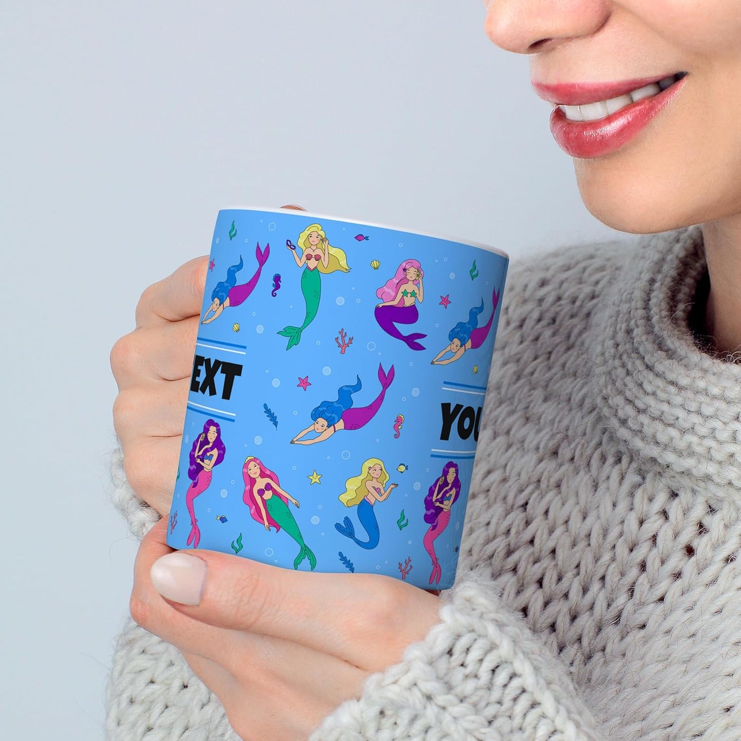 Personalized Mug for Kids - Mermaids - Custom Name/Text, Ceramic Hot Chocolate/Cocoa/Coffee Cup for Girls, Birthday/Christmas/Holiday Gift - 11 oz, Red Handle