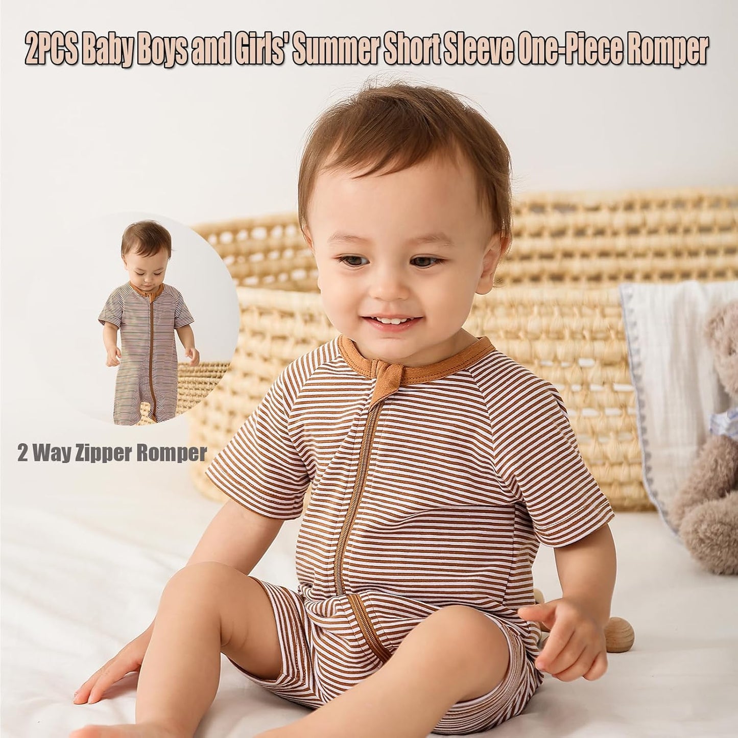 Feidoog Baby Boys 2Pack Rompers Summer Short Sleeve 2 Way Zipper One-Piece Romper Jumpsuit Sleep and Play