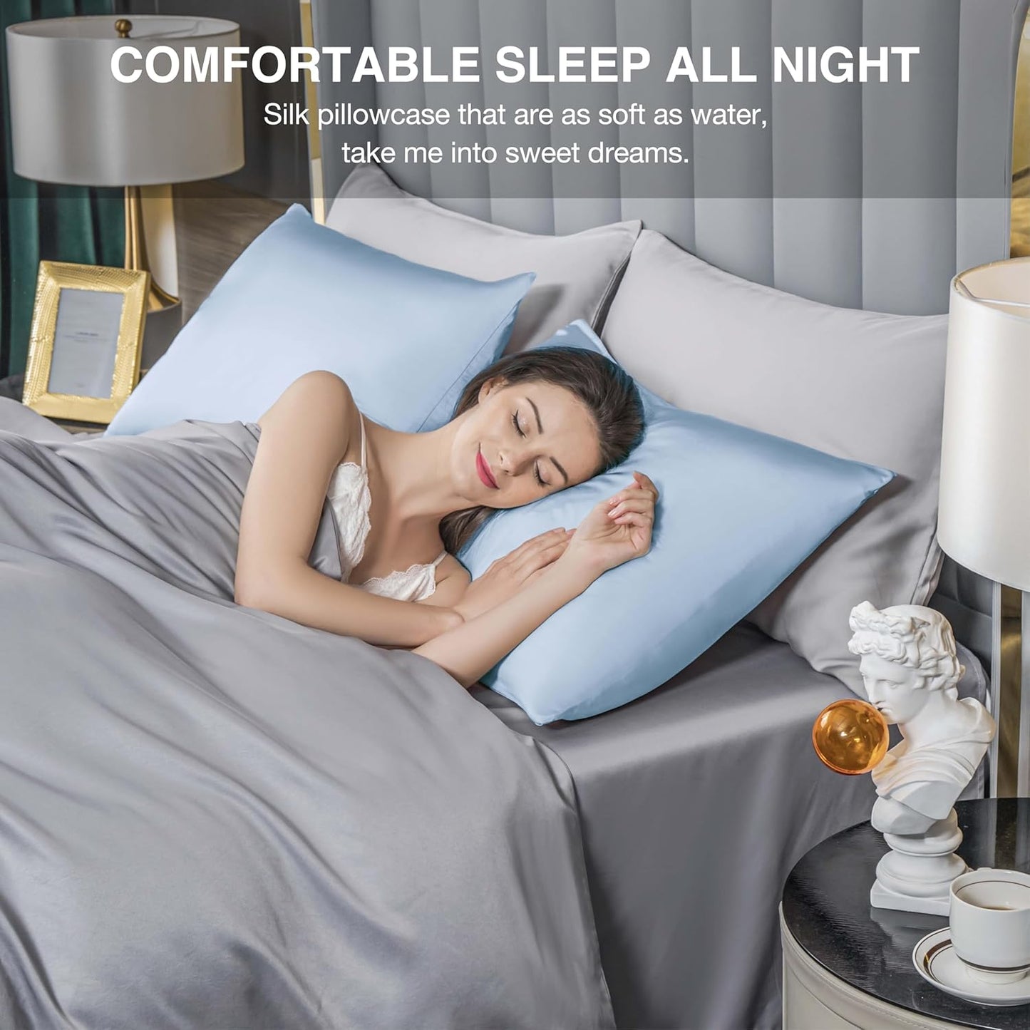 Mulberry Silk Pillowcase for Hair and Skin,Cooling Silk Pillow Case with Hidden Zipper,Allergen Proof Dual Sides Soft Breathable Smooth Silk Pillow Cover for Women (Light Blue,King)