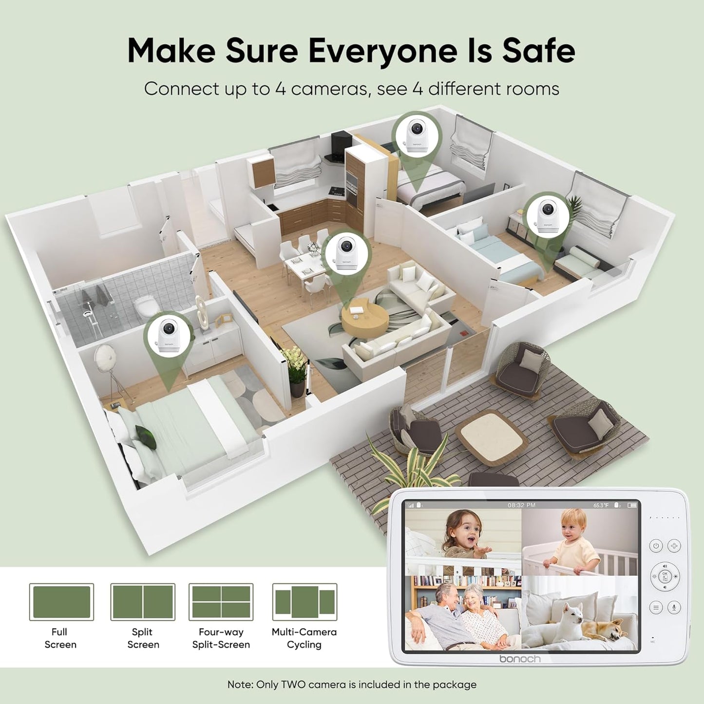 bonoch MegaView Baby Monitor, 10" Video Monitor with 2 Cameras, 10000mAh Battery, Quad Split Screen Baby Monitor with Camera and Audio, VOX Mode, Auto Night Vision, Remote PTZ, Hack Proof