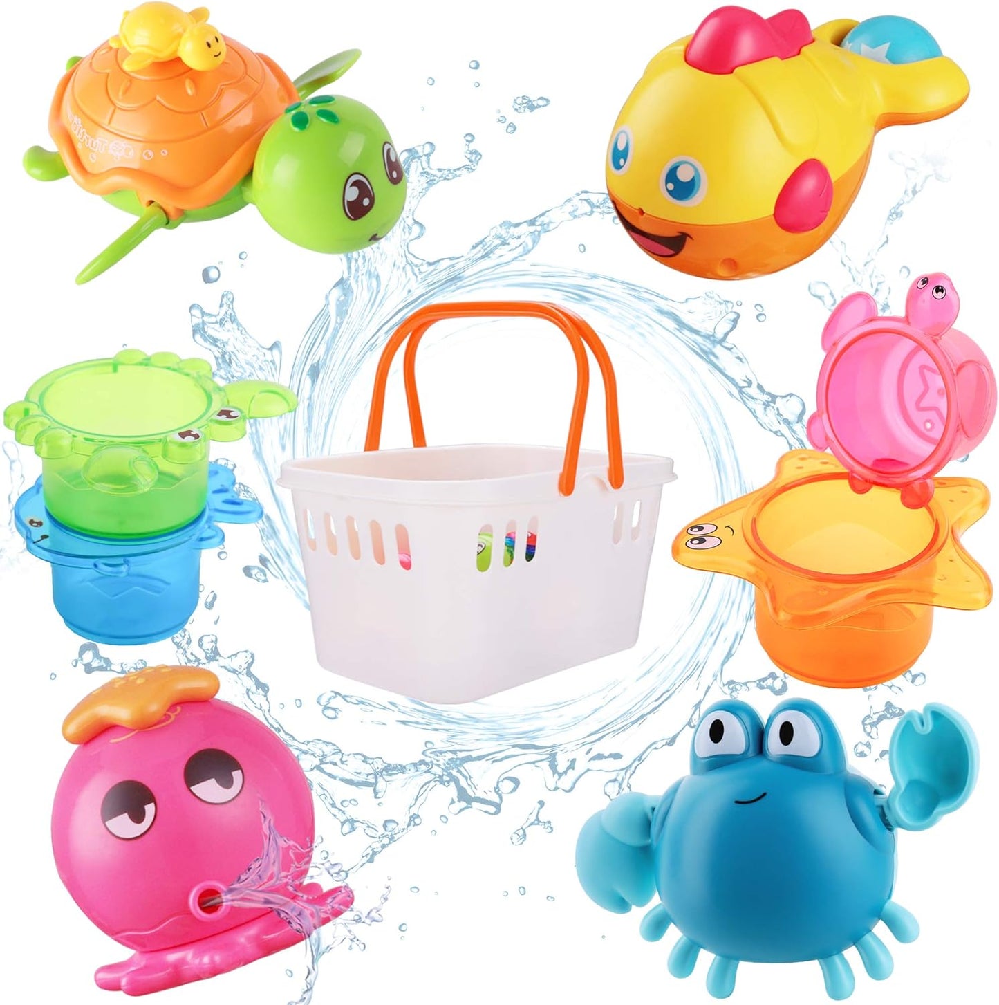iPlay, iLearn Baby Bath Toys w/ Organizer, Water Squirting Octopus, Wind Up Swimming Turtle, Bathtub & Shower, Stacking Cups, Gift for 6, 9, 12, 18 Months 1, 2, 3 Years, Toddlers, Girls, Boys & Kids