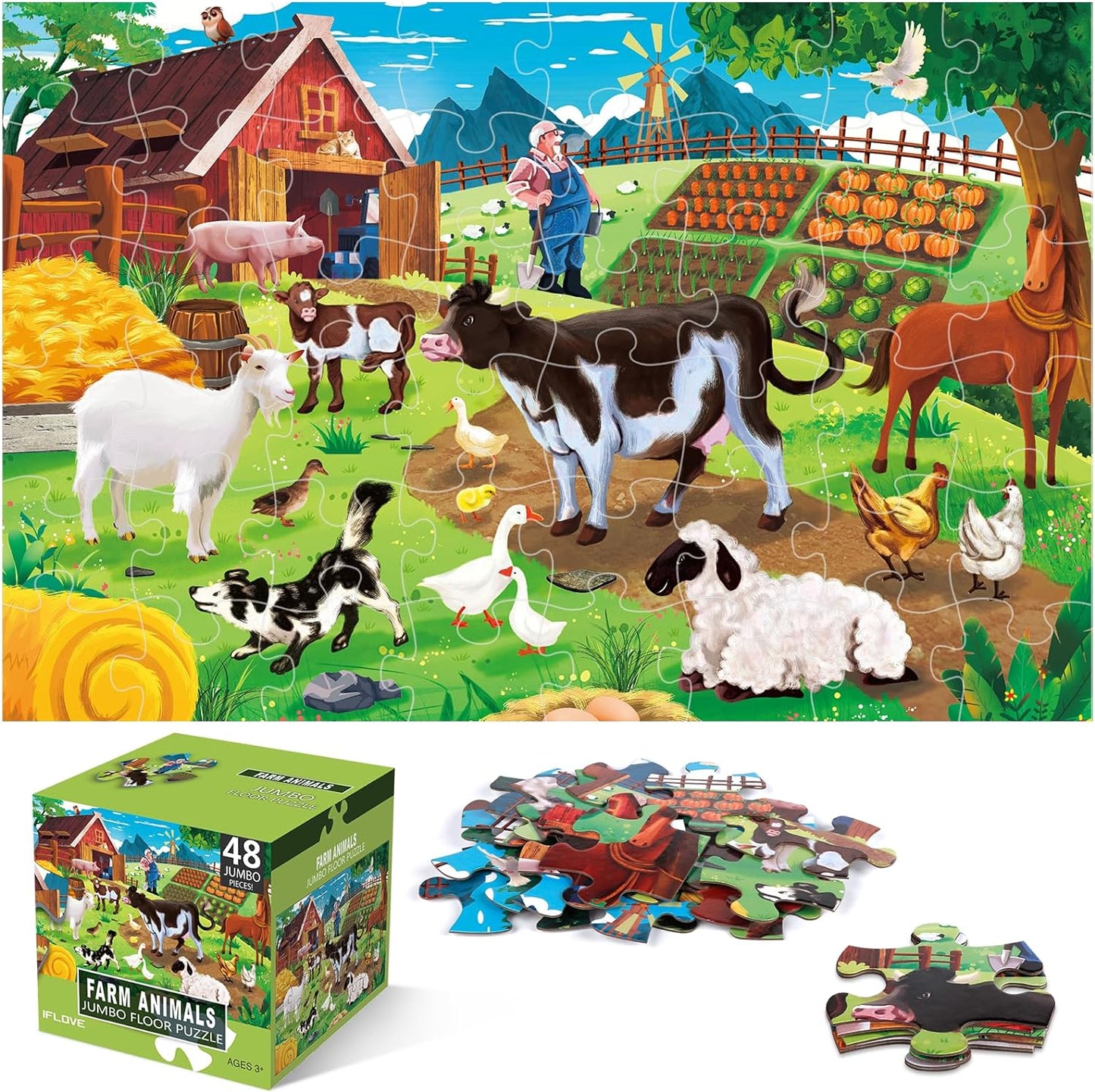Jumbo Floor Puzzle for Kids,Farm Animals Jigsaw Large Puzzles,48 Piece Barn Puzzle for Toddler Ages 3-5,Children Learning Preschool Educational Toys,Birthday Gift for 4-8 Years Old Boy and Girl