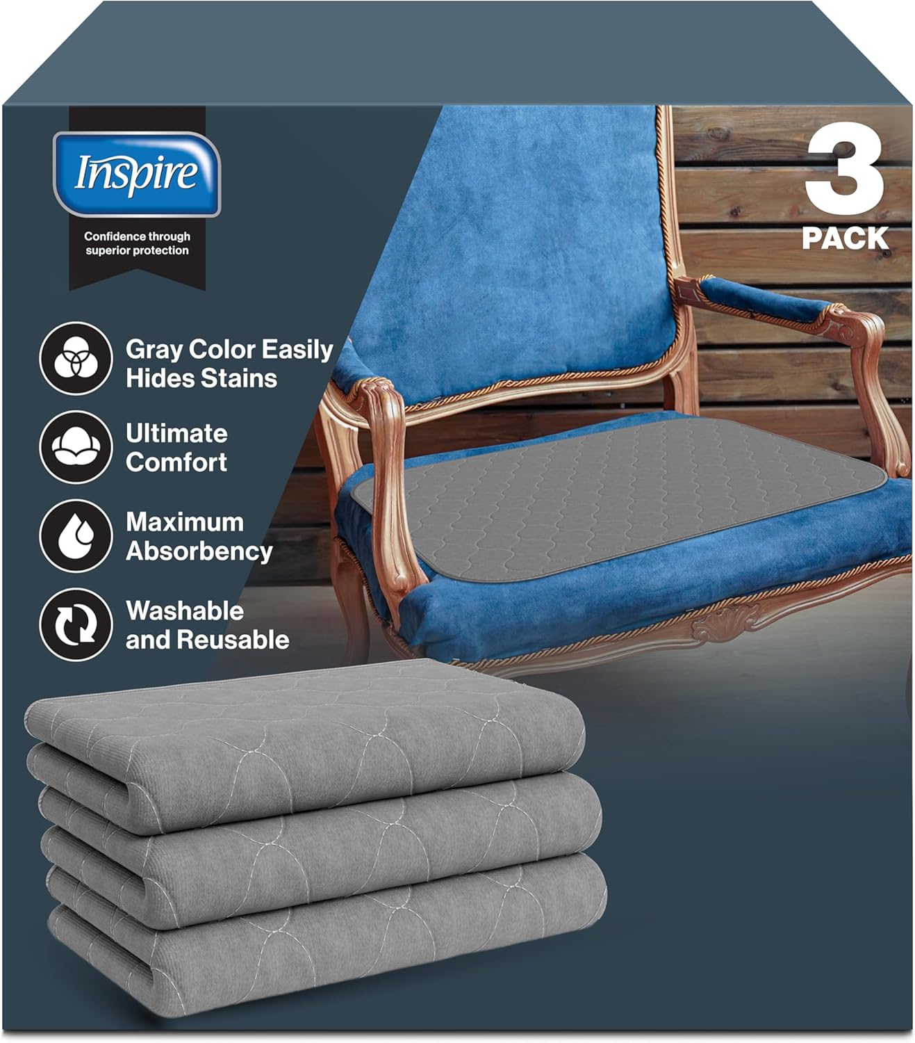 Inspire Underpads | Stain Hiding Gray Reusable Incontinence Bed Pads | Waterproof Mattress Pad | for Adults Babies and Dogs (18 X 24 - 3 Pack)