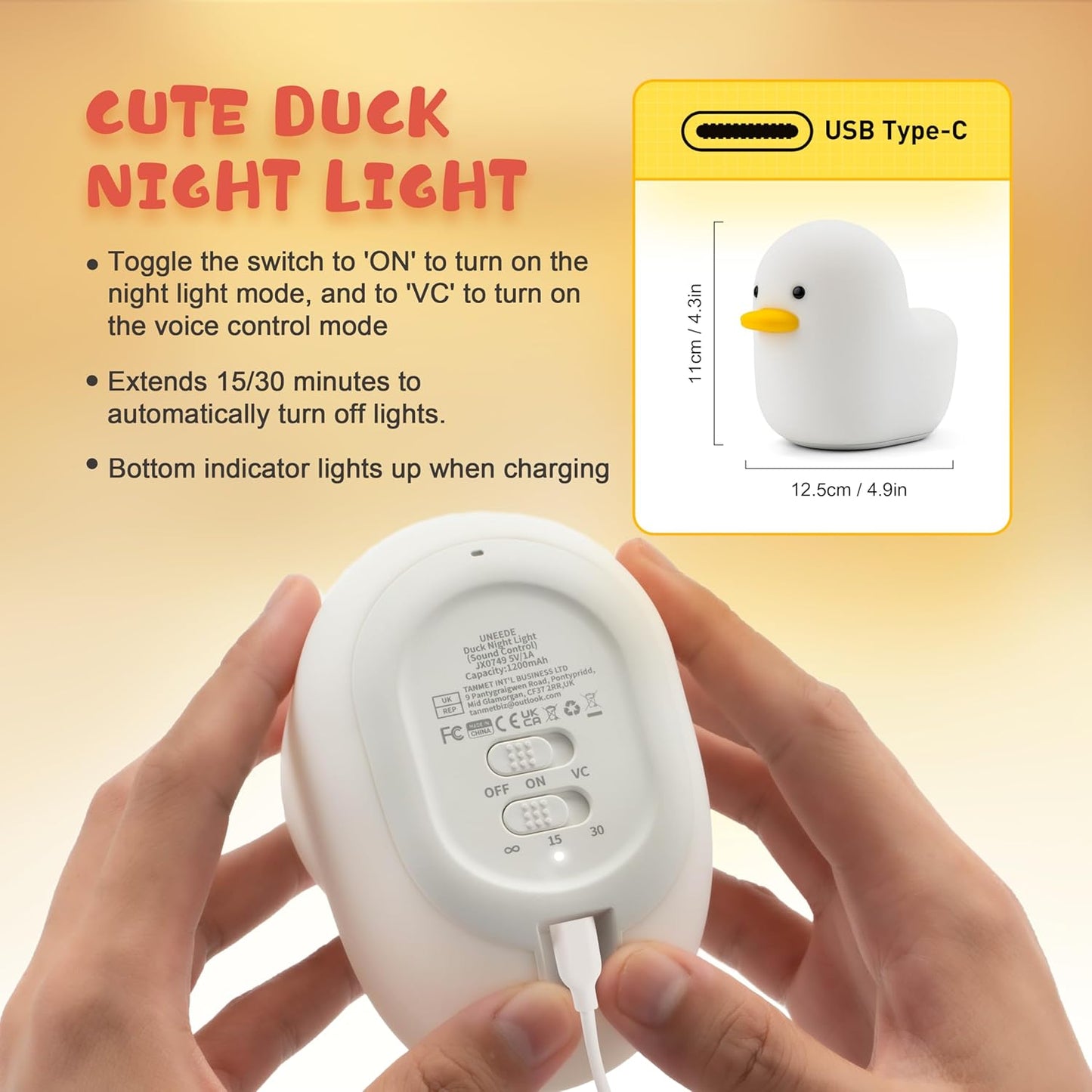 UNEEDE Voice Control LED Benson Night Light, Cute Duck Animal Silicone Nursery Night Light Rechargeable Table Lamp Bedside Lamp with Touch Sensor for Baby Girls Women Bedrooms, Living Room