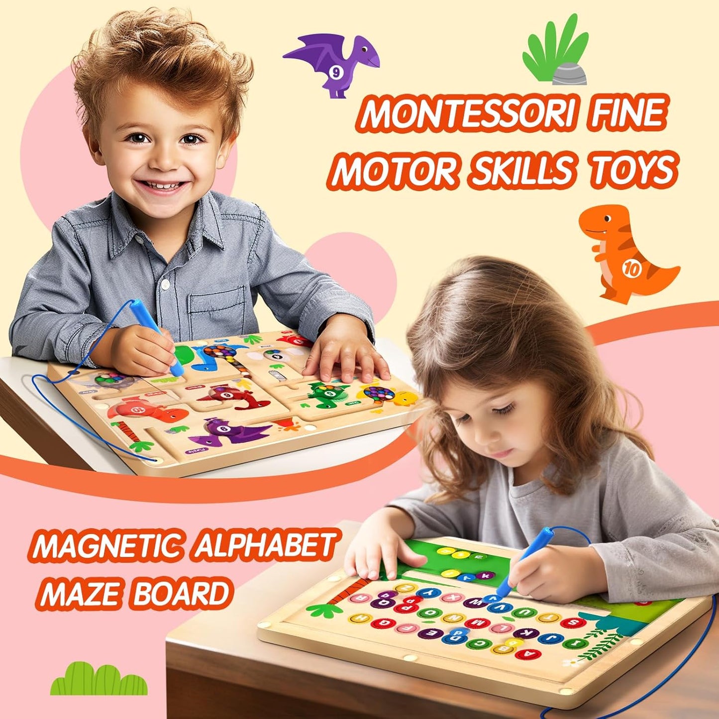 2 in 1 Magnetic Color and Number Maze Double-Sided ABC Alphabet Puzzles Board Magnet Dinosaur Counting Maze Preschool Learning Montessori Education 3 4 5 Years Toys