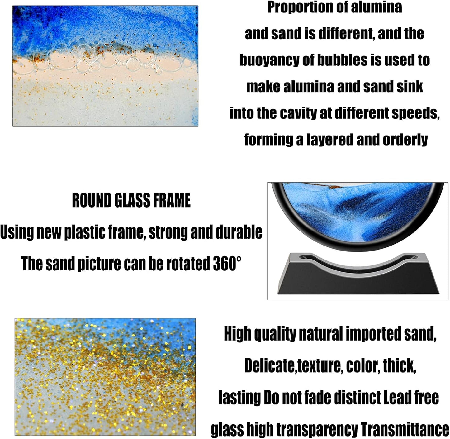 Liquid Motion Sandscape Round Moving Sand Art Sensory Toy Anxiety Fidget ADHD Relaxation Toy Home Office Desktop Decoration (Blue, 7-in)