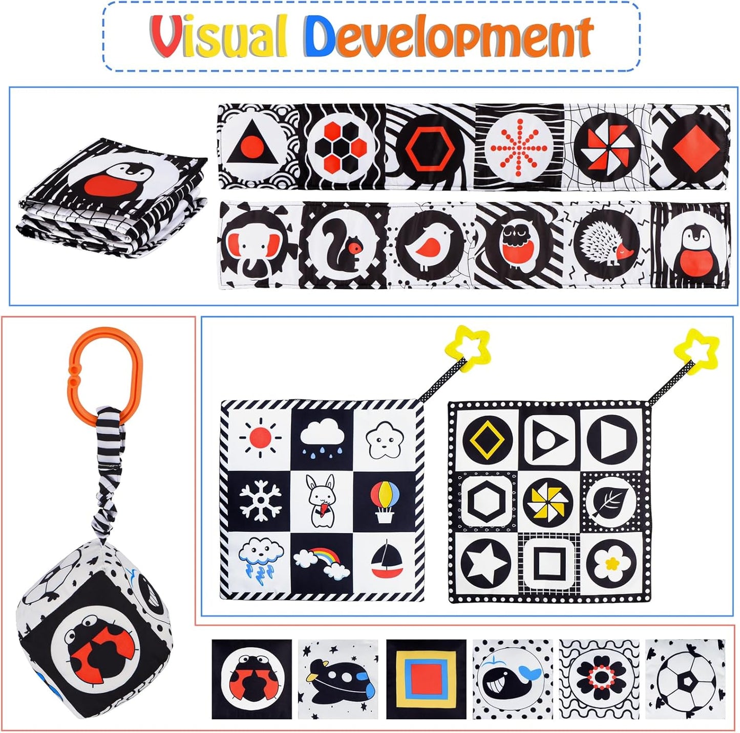 SAMMAS 3 Pcs Black and White High Contrast Baby Toys, 0-6 Months, Sensory Soft Book, Montessori Toys for Babies