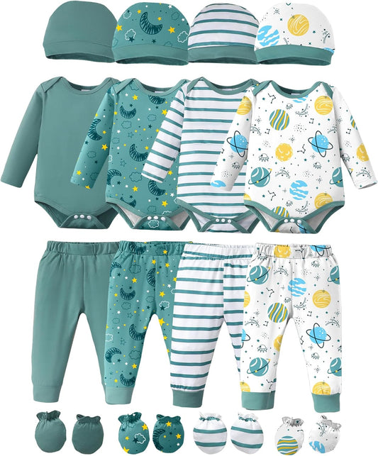 NZRVAWS Newborn Baby Boy Girl Clothes Unisex Infant Romper Pants Set Hat 4-Pack Outfits 0-12 Months 16 Pieces Toddler