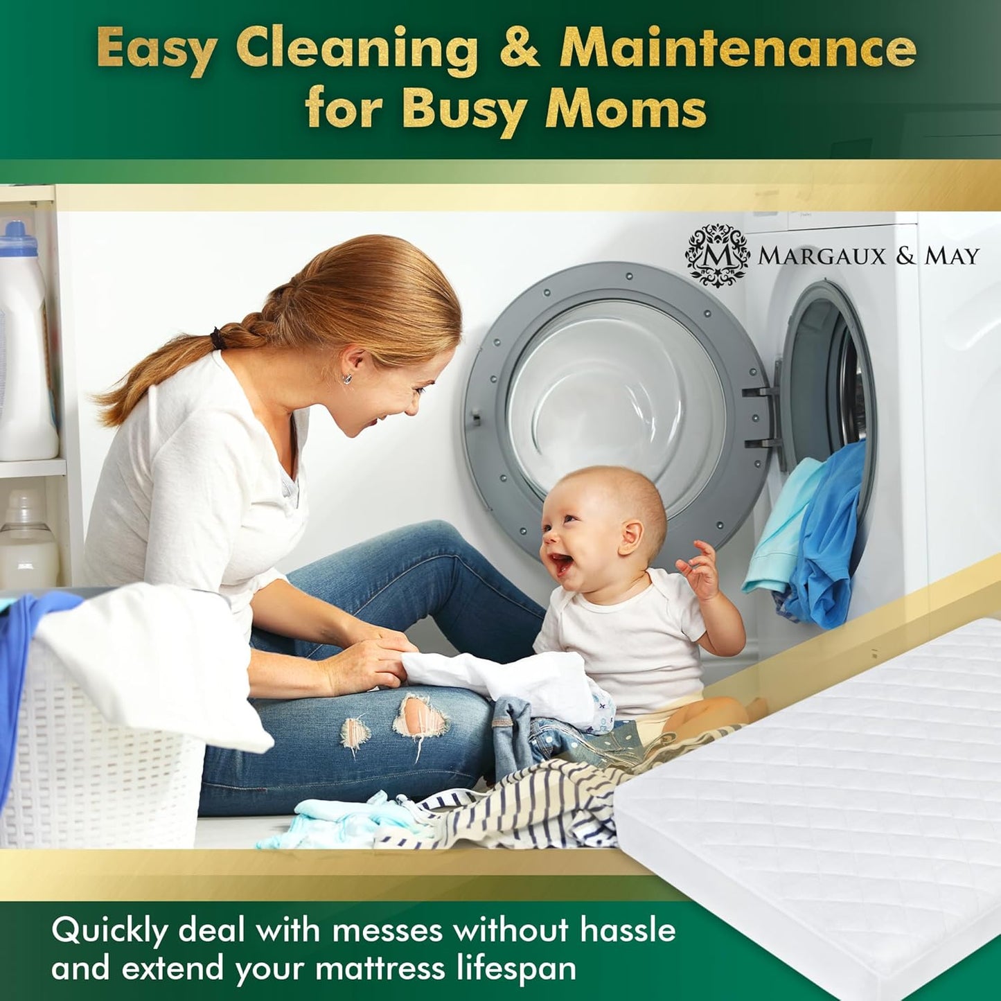 Crib Mattress Protector Pad - Ultra-Soft Waterproof Breathable Premium Bamboo Rayon - Noiseless Fitted Dryer Safe Cover. High Absorbency Oeko-TEX Certified (28 x 52 x 9 inches) MARGAUX & MAY