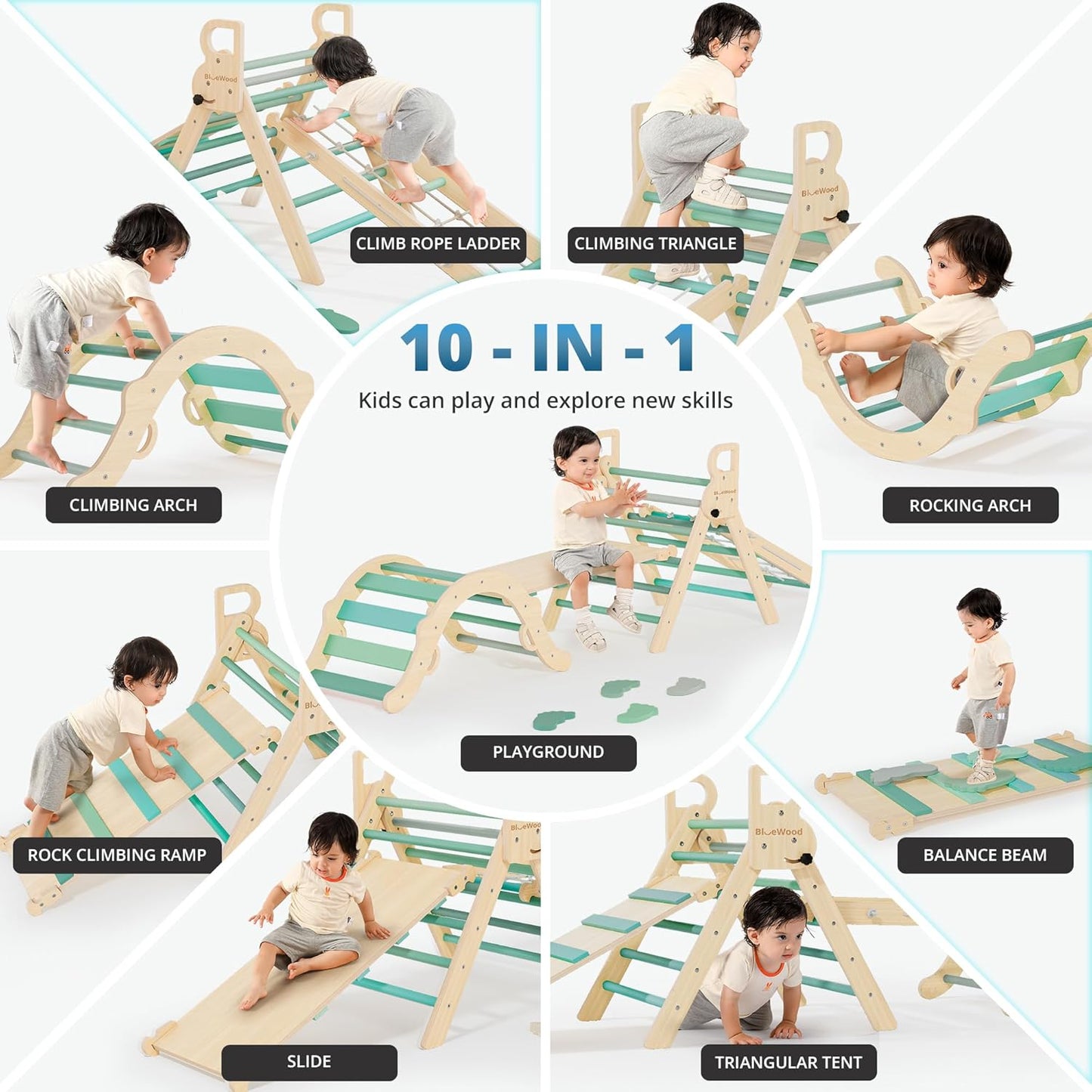 BlueWood 10-in-1 Pikler Triangle Set, Toddler Climbing Toys Indoor, Montessori Climber, Baby Jungle Gyms with Arch, Extra Rope Ladder & Footprint Balance Beam - Emerald Forest