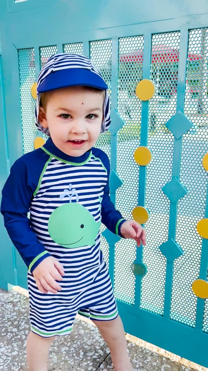 uideazone Baby Boys One Piece Swimsuit Long Sleeve UPF 50+ Rash Guard Bathing Suit Swimwear with Sun Hat 0-24 Months