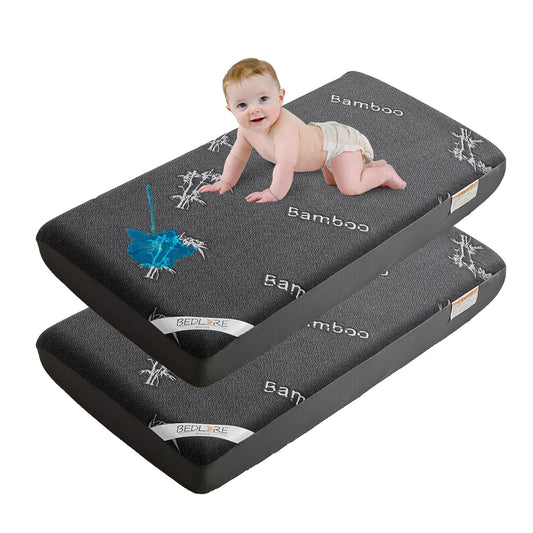 BEDLORE Waterproof Crib Mattress Protector 2 Pack, Ultra Soft Bamboo Viscose Crib Mattress Pad Cover, Noiseless Toddler Mattress Protector for Standard Baby Mattress Size 52''x28'', Dark Gray