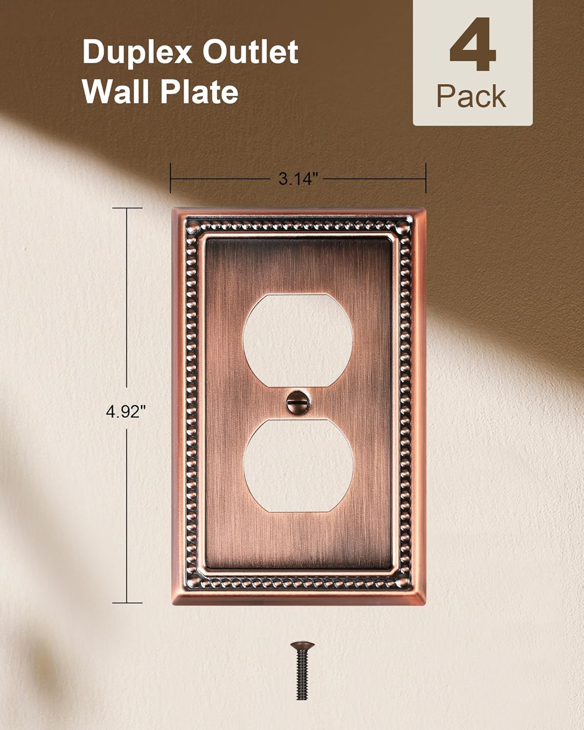 4-Pack Duplex Outlet Cover Plate, Antique Copper Metal Wall Plates for Electrical Outlets, 1 Gang Receptacle Cover, Pearls Decorative Switch Plates and Outlet Covers
