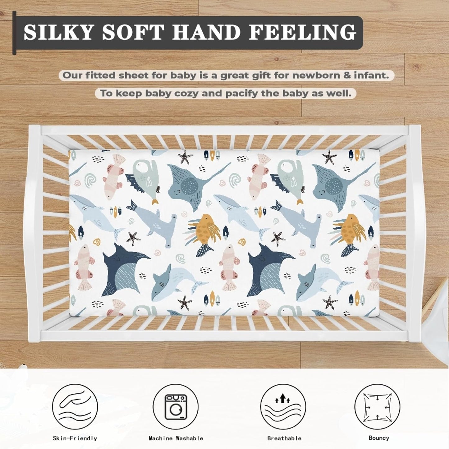 Colorful Fishes Fitted Crib Sheet Ocean Animals Baby Crib Sheet Fit Standard Crib and Toddler Mattress,Crib Mattress Sheets for Boys Girls 28"x52"