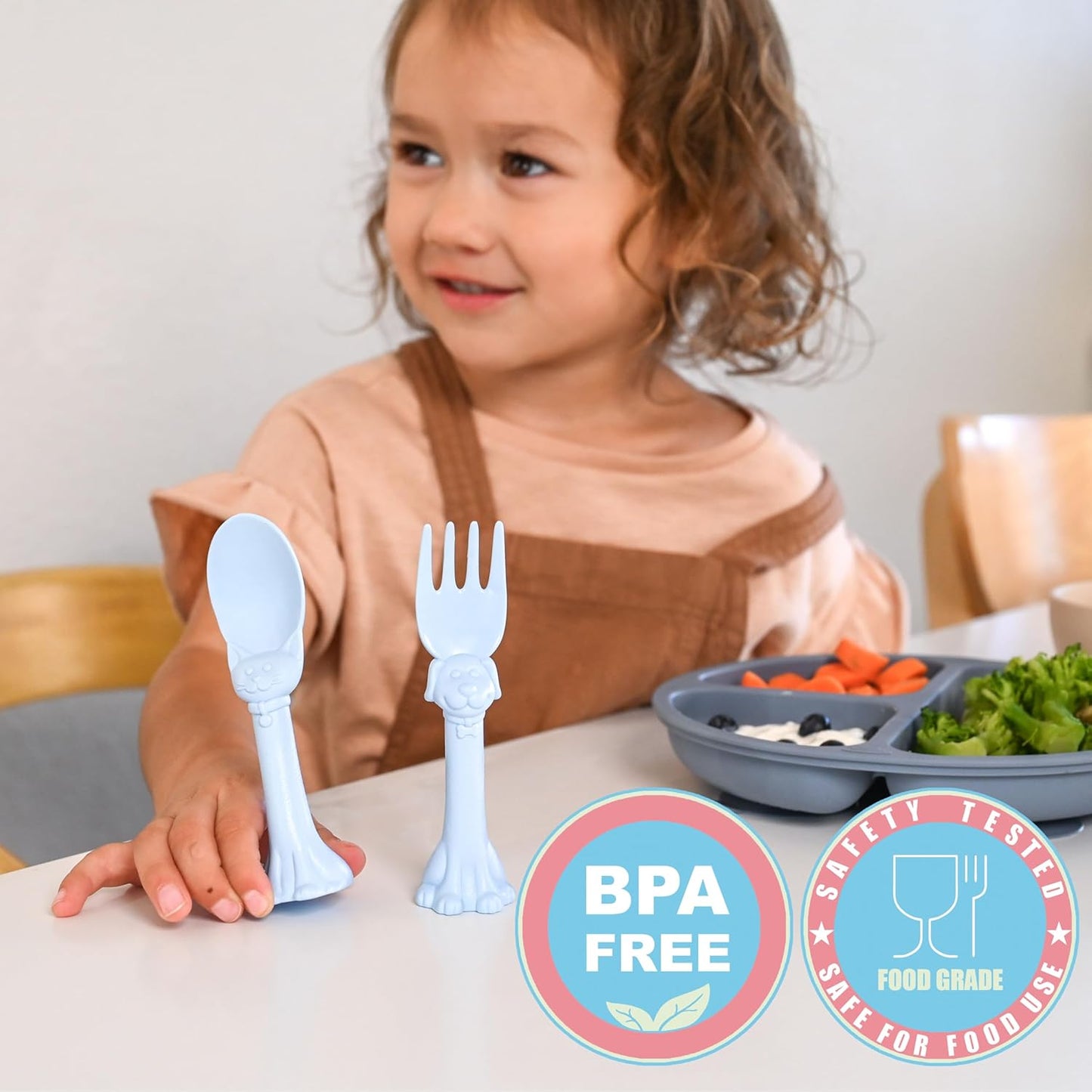 Made in USA Spoon la la Toddler Utensils Set - 6 Pack (3 Spoons & 3 Forks for Kids) - Self-Standing 3D Ergonomic Cat & Dog Handles - BPA-free, Dishwasher Safe, Baby Silverware (Blue, Pink, Mint)