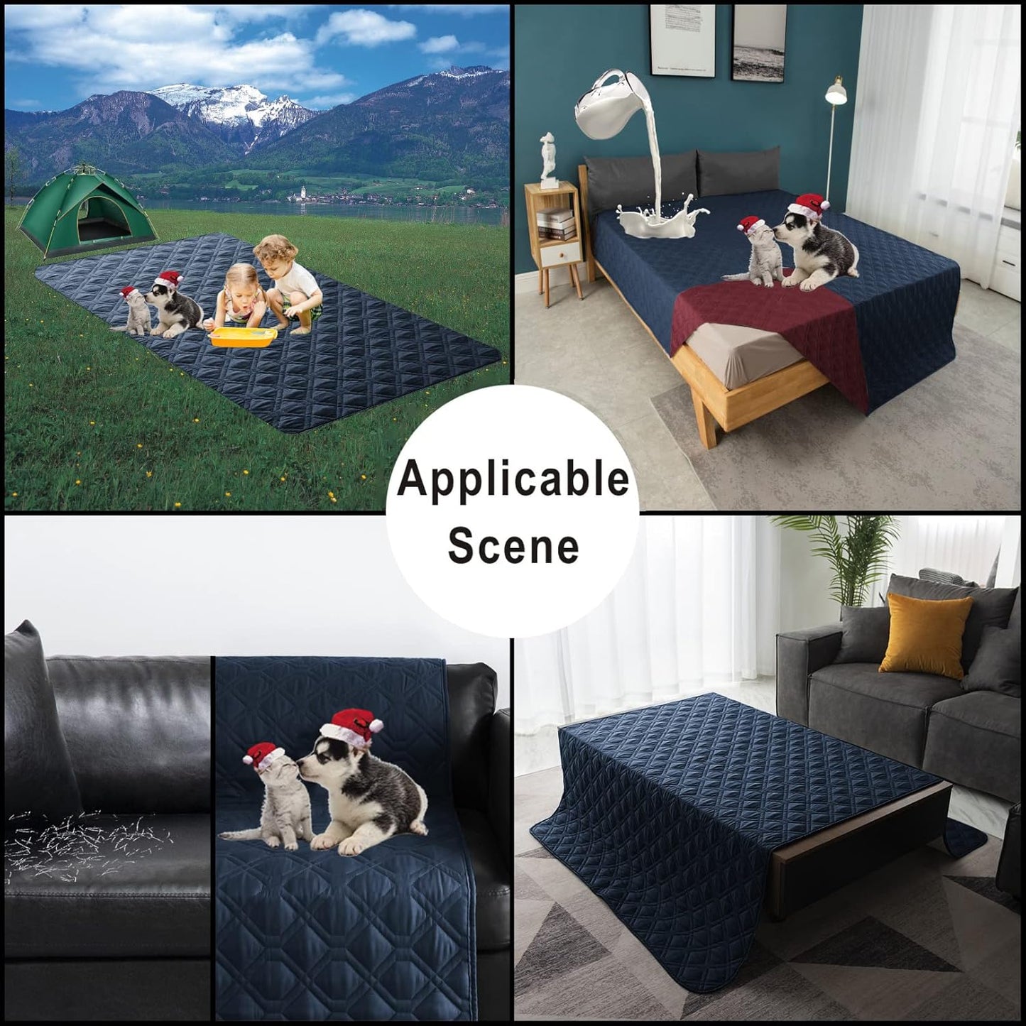 Topthumbs100% Waterproof Dog Bed Cover 102x82 inch Reversible Changing Pad Reusable Camping Mat for Kids/Pet/Dog/Cat Washable Geometric Embroidery Blanket Patchwork Navy+Burgundy