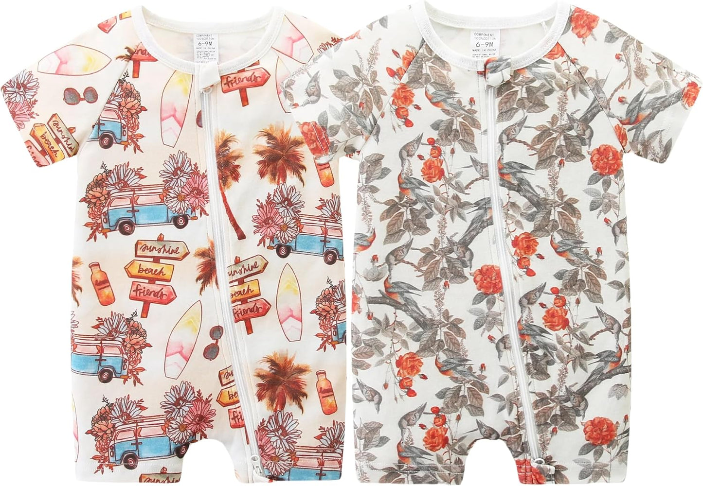 Unisex Summer Trendy 2-Pack Rompers Short Sleeve Zipped Bodysuit Infant Cotton Outfits